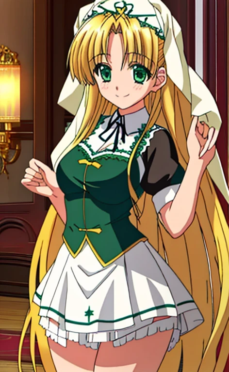 Asia　Beautiful long blonde hair　green eyes　Maid clothes　mini skirt　white panties　smile