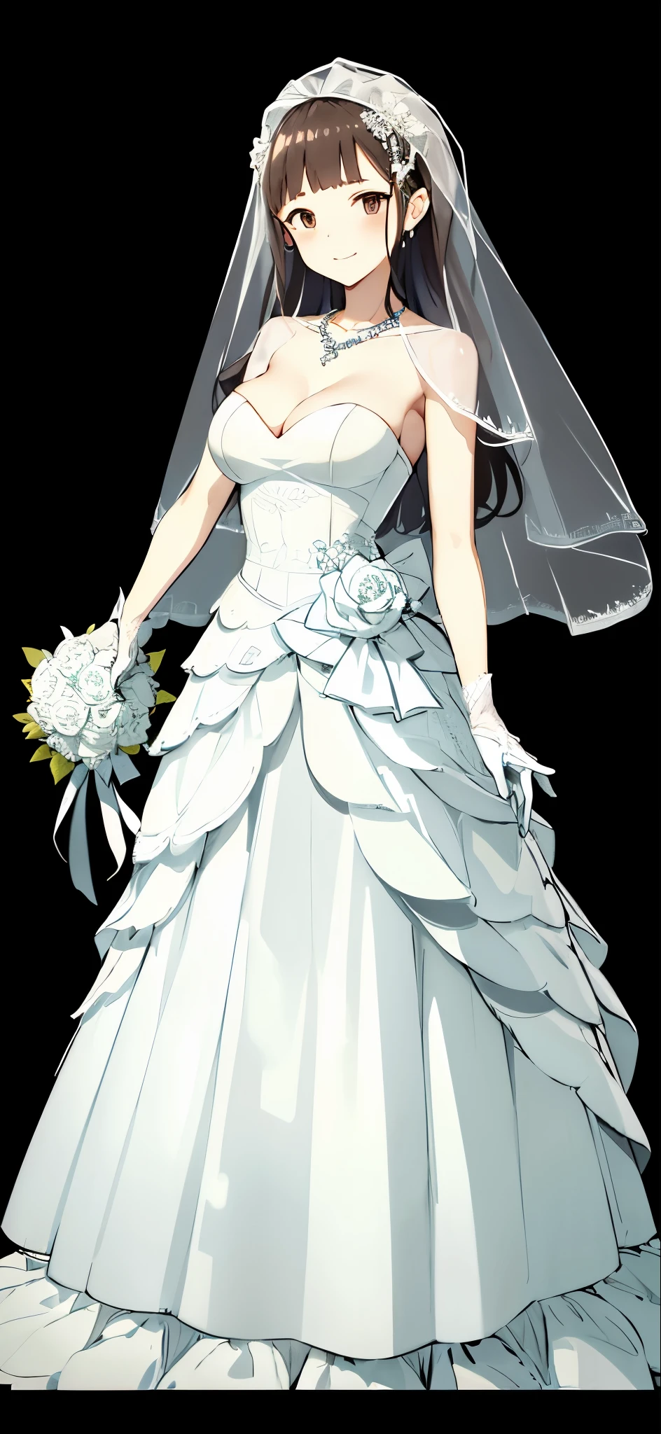 (masterpiece, best quality), half by gary, 1 girl, Wedding dress,   Close-up of beautiful bride wearing beautiful wedding dress,Gurwitz,(bridal veil:1.5），（Transparent short veil：1.5），Blushing face，Head flower，headgear，（tube top wedding dress：1.5），（Silk dress：1.2）,（无肩带Wedding dress：1.5）,pure white dress，necklace，earrings，(large breasts:1.3)，深V桃心领Wedding dresangs，lipstick，（lace gloves：1.3）,whole body照,High detail RAW color art,Long white dress，whole body，Place your hands behind your back，