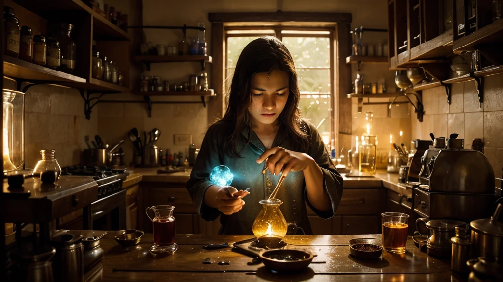 "Depict a vivid, immersive scene of a young alchemist immersed in his laboratory, meticulously brewing a new magical potion. The room is lit in a soft golden light, highlighting vials of exotic ingredients and shelves filled with ancient grimoires. In the center, the alchemist is concentrated, stirring liquids with precision. A small explosion erupts from the mixture of two ingredients, creating an effervescent energy. Capture the moment when the potion, initially cyan, begins to transform into a vibrant red, emanating a mystical aura. Ensure the image conveys the magic and emotion of this unique moment in the world of alchemy, with the highest resolution and lighting to highlight every detail of this fascinating scene."