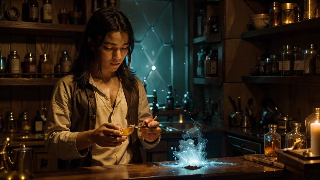 "Depict a vivid, immersive scene of a young alchemist immersed in his laboratory, meticulously brewing a new magical potion. The room is lit in a soft golden light, highlighting vials of exotic ingredients and shelves filled with ancient grimoires. In the center, the alchemist is concentrated, stirring liquids with precision. A small explosion erupts from the mixture of two ingredients, creating an effervescent energy. Capture the moment when the potion, initially cyan, begins to transform into a vibrant red, emanating a mystical aura. Ensure the image conveys the magic and emotion of this unique moment in the world of alchemy, with the highest resolution and lighting to highlight every detail of this fascinating scene."