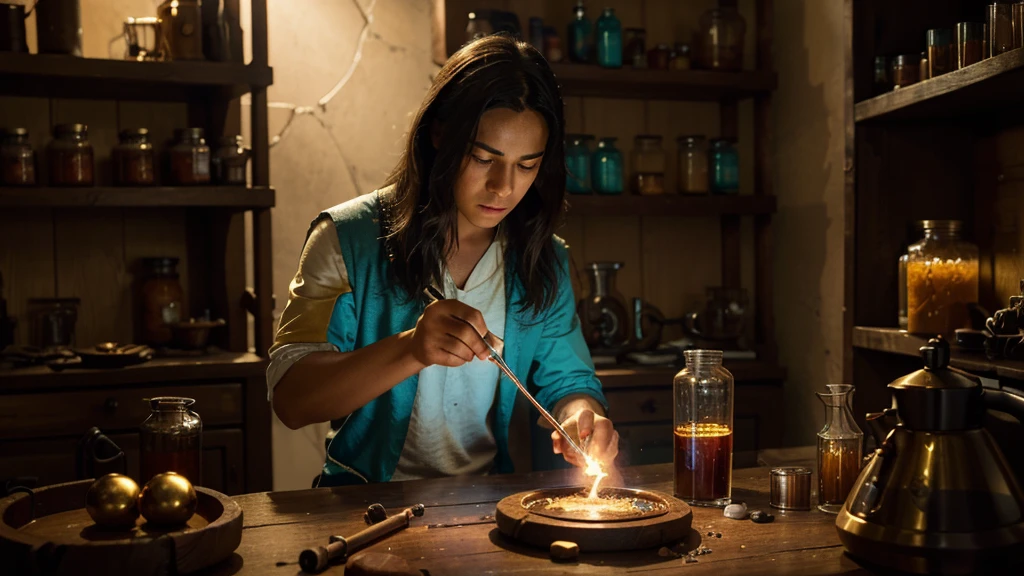 "Depict a vivid, immersive scene of a young alchemist immersed in his laboratory, meticulously brewing a new magical potion. The room is lit in a soft golden light, highlighting vials of exotic ingredients and shelves filled with ancient grimoires. In the center, the alchemist is concentrated, stirring liquids with precision. A small explosion erupts from the mixture of two ingredients, creating an effervescent energy. Capture the moment when the potion, initially cyan, begins to transform into a vibrant red, emanating a mystical aura. Ensure the image conveys the magic and emotion of this unique moment in the world of alchemy, with the highest resolution and lighting to highlight every detail of this fascinating scene."