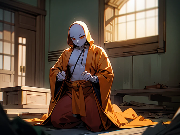 NSFW, hyper-realistic, cinematic wide shot, 2boys, no girl, bald, covered head and face with bag and mask, all person wear a bag overhead, show no face at all, Buddhist Thai monks, covered the head fit tied with shiny saffron spandex fabric, wearing a saffron orange robe, covered body head to toe, covered head and face with saffron robe tightened, look-alike a mannequin, no face, kneeling locked in the coffin box in the ruin of dark abandoned Thai grand palace, highly detailed, deep aesthetic, highly ornate intricate details, god ray,
