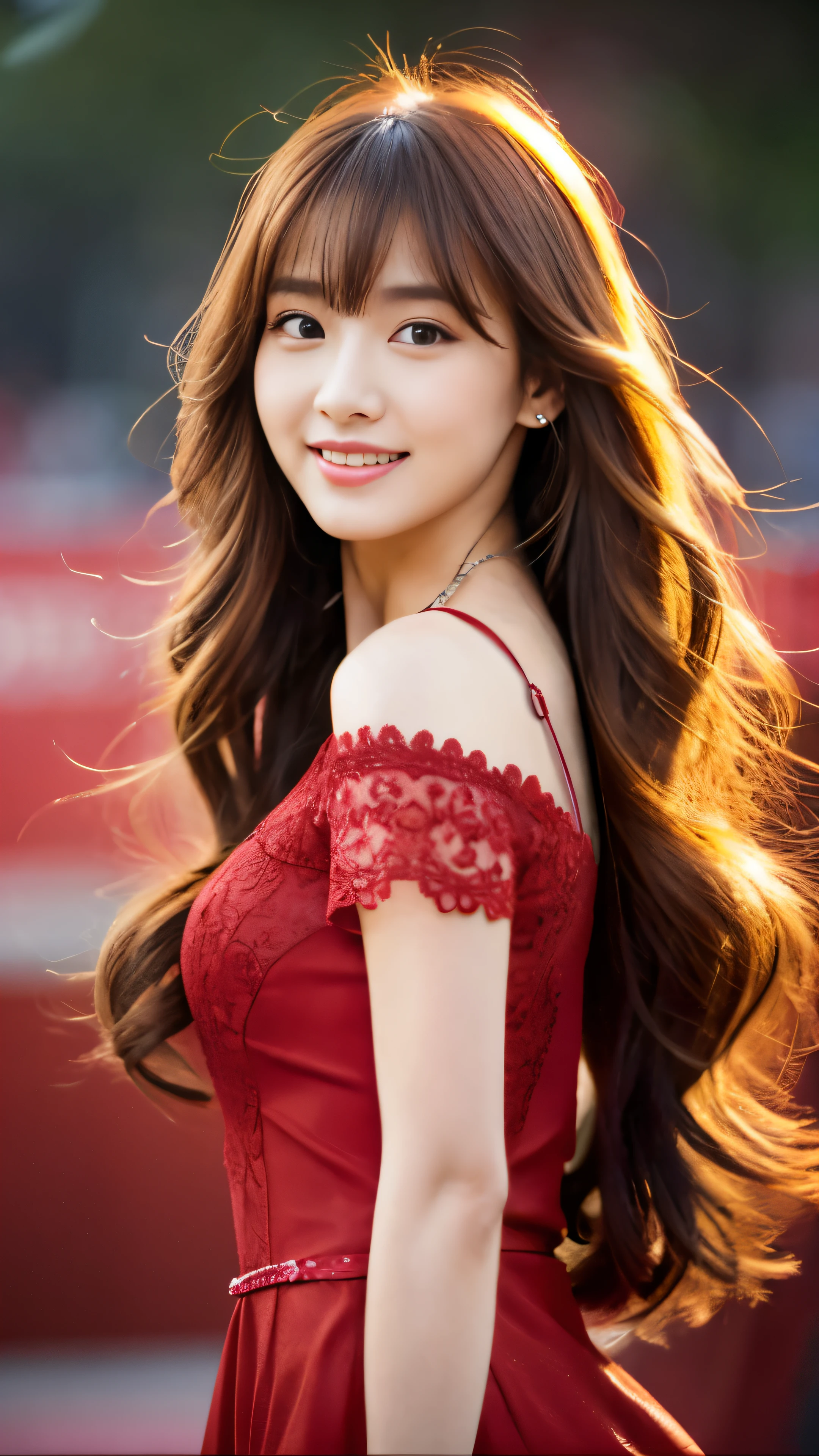 Delicate images, beautiful girl, long chestnut hair, wavy hairstyle, smile, necklace, Temperament, red dress,Full body high-definition painting,