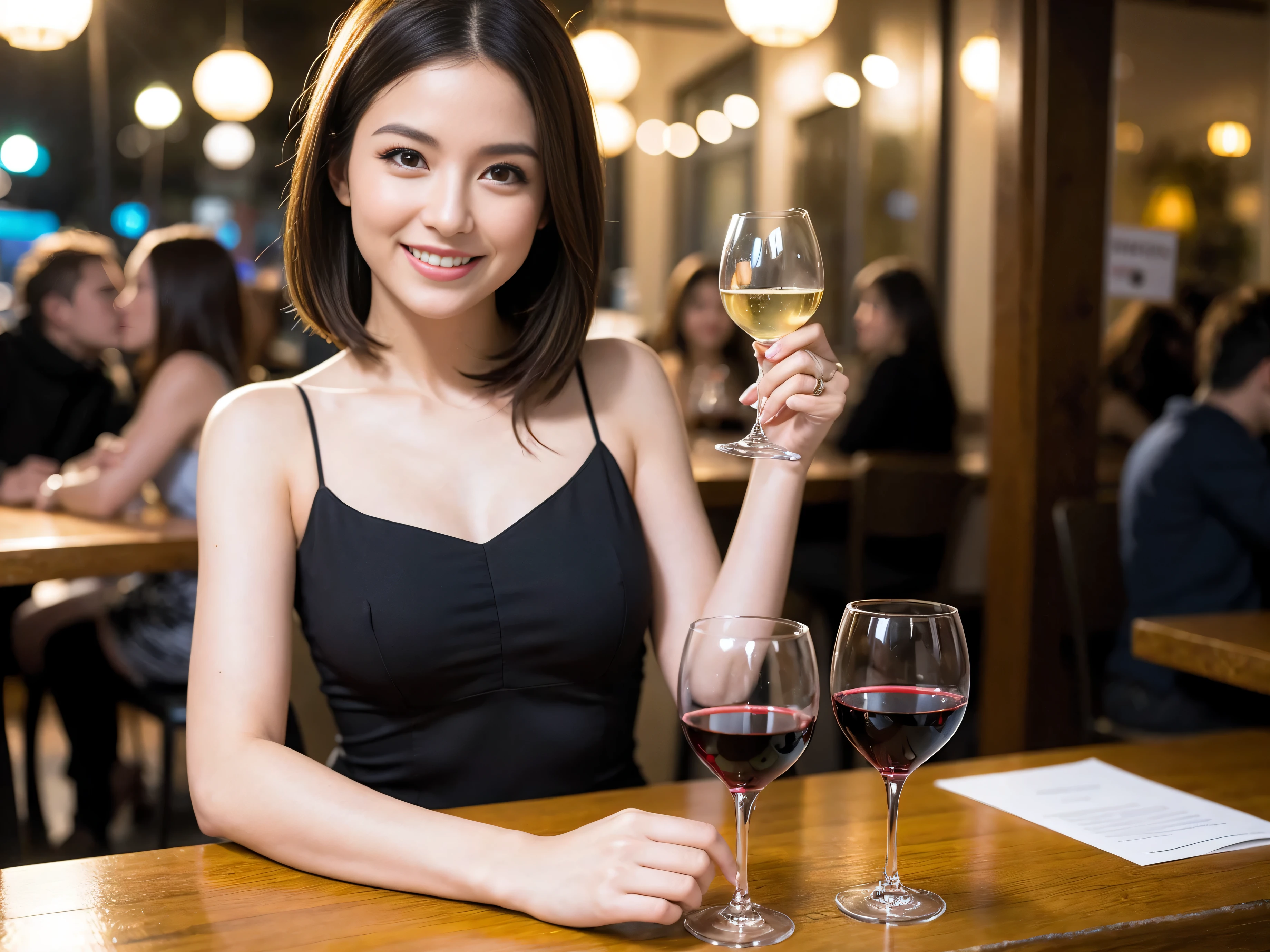 (64k uhd, nffsw, of the highest quality, masutepiece: 1.2), (Realistic, Photorealistic: 1.37), super detailed, 1 pretty woman, (Slim Face), (Slim body), (Brown hair), (short-cut), cheeks blush a little, (42 year old), 38 years, Solo, A beautiful and detailed night view spreads out outside the window., restaurant, Wine glass sitting, Night, In a prominent place (from waist up) NovaFrogStyle, actress, Model, waist-up, white wine, slim, wine glasses, Super clean night view, Wine glass placed in the middle, Happy smile, (Smile: 1.15), Beautiful fine eyes, Upper body, Bust Japan Up, Night, Short, Short, actress, Model, waist-up, white wine, slim, wine glasses, Super clean night view, Wine glass placed in the middle, Happy smile,