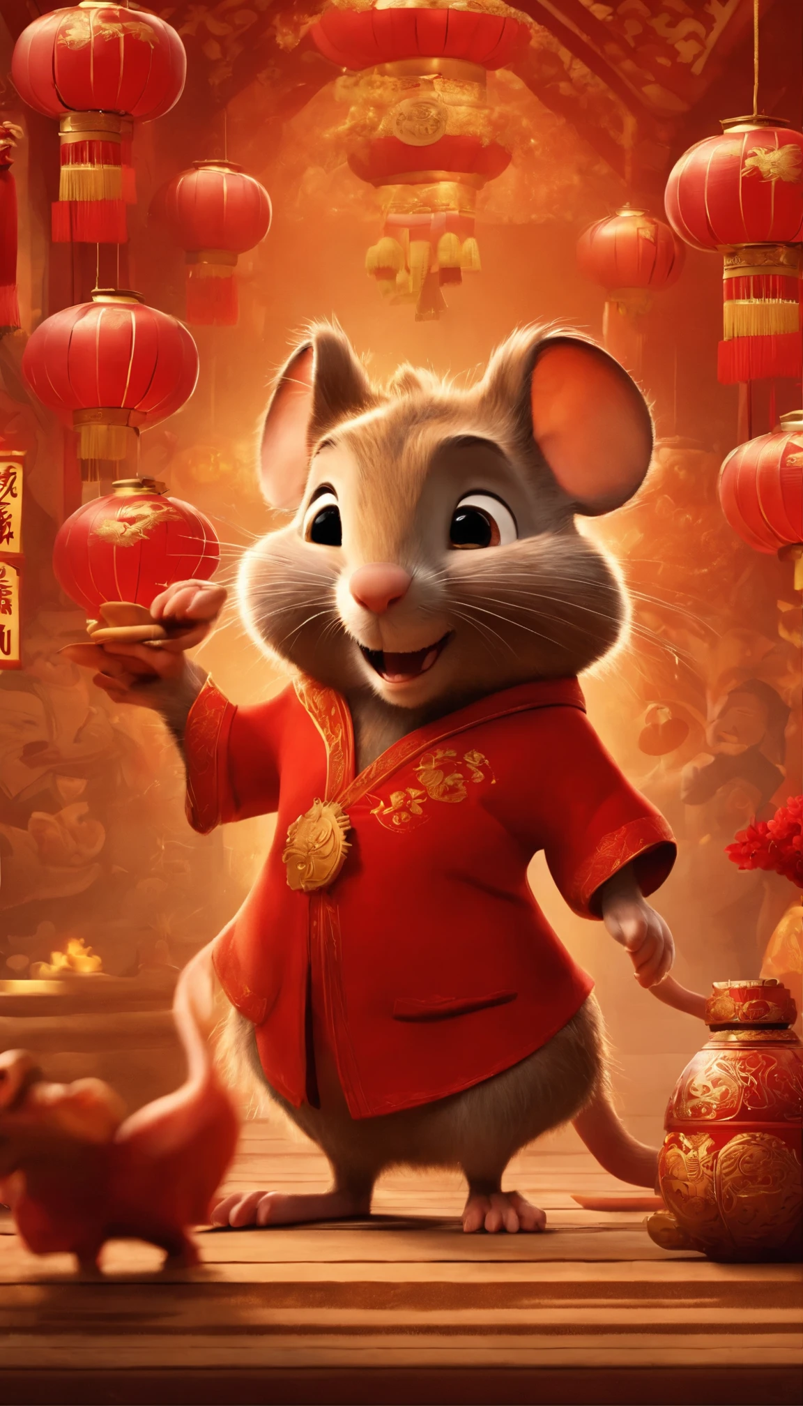 Chinese New Year，Year of the Rat，Big red，Pixar, cartoony，Commercial posters，There are decorations around，delight, no words