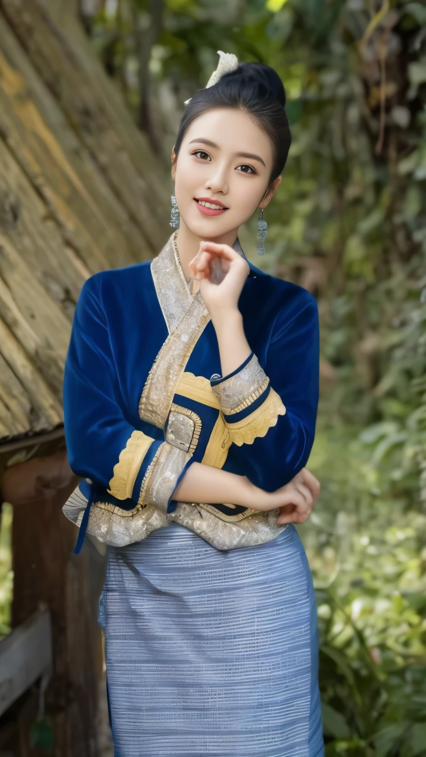 (best quality,4k,8k,highres,masterpiece:1.2),ultra-detailed,(realistic,photorealistic,photo-realistic:1.37),clear lines,light and dark photography,canon photography,crystal clear,detailed eyes and lips,beautiful woman,Tai dress,Shan dress,traditional dress,slim fit dress,Pretty Buttocks, long Hair, Instagram Pattern Pose, standing cute pose, confident, slim girl, big tits:1.2, perfect anatomy, perfect symmetry:1.2, Realistic, realistic face:1.3, perfect face, content, confident, very detailed, and dramatic, cinematic lighting, Lighting scene, soft lights
graceful movement, full body photography, (((masterpiece :1.5))), vibrant colors,exquisite embroidery,detailed patterns,graceful posture,serene expression,natural lighting,rich textures,depth and dimension,warm color tones,gorgeous background scenery,beautiful garden,floral elements,fine brushstrokes,artistic composition,natural poses,photogenic,model-like appearance, full body photography, photorealistic ...