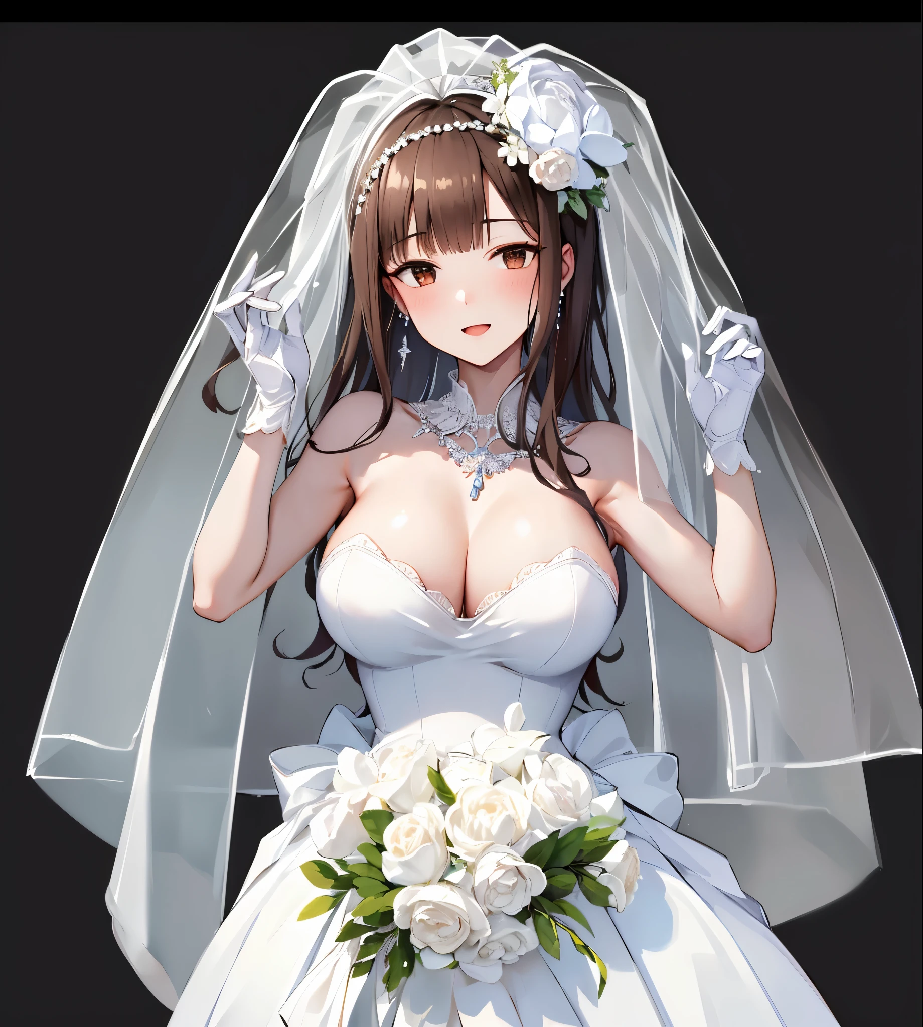 (masterpiece, best quality), half by gary, 1 girl, Wedding dress, Close-up of beautiful bride wearing beautiful wedding dress,Gurwitz,(bridal veil:1.5),(Transparent short veil:1.5),Blushing face,Head flower,headgear,(tube top wedding dress:1.5),(Silk dress:1.2),(无肩带Wedding dress:1.5),pure white dress,necklace,earrings,(large breasts:1.3),深V桃心领Wedding dresangs,lipstick,(lace gloves:1.3),whole body照,High detail RAW color art,Long white dress,whole body,Place your hands behind your back,