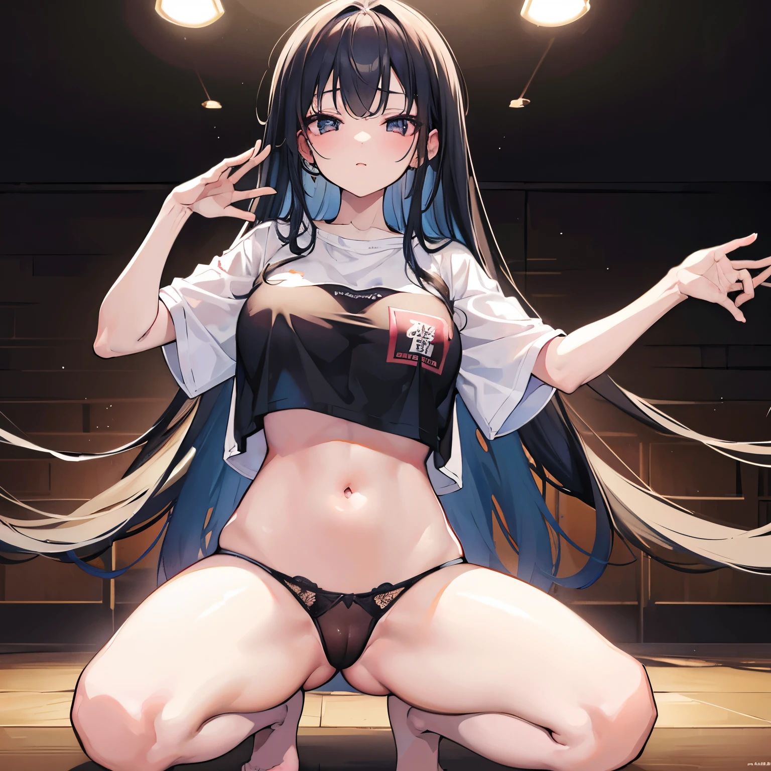 {best quality}, {{masterpiece}}, {high resolution},Enlightenment, The original, Extremely detailed wallpapers are extremely delicate and beautiful}, {paintinovie lighting,dramatic angle,Deep dark background,Sexual innuendo,1 girl，clothing,,,ahegao,,navel,huge, clothing被人手撕破了，ahegao，，Squat down，Covered in ，Mini lingerie T-shirt