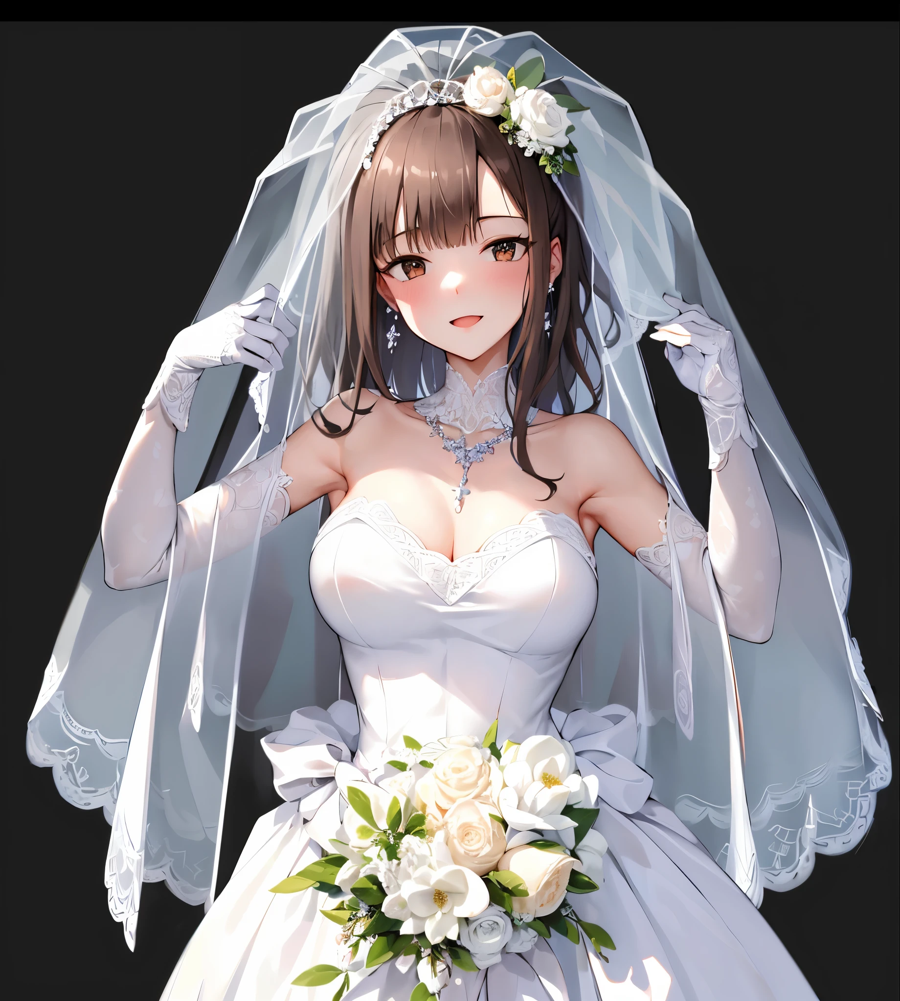 (masterpiece, best quality), half by gary, 1 girl, Wedding dress,   Close-up of beautiful bride wearing beautiful wedding dress,Gurwitz,(bridal veil:1.5），（Transparent short veil：1.5），Blushing face，Head flower，headgear，（tube top wedding dress：1.5），（Silk dress：1.2）,（无肩带Wedding dress：1.5）,pure white dress，necklace，earrings，(large breasts:1.3)，深V桃心领Wedding dresangs，lipstick，（lace gloves：1.3）,whole body照,High detail RAW color art,Long white dress，whole body，Place your hands behind your back，