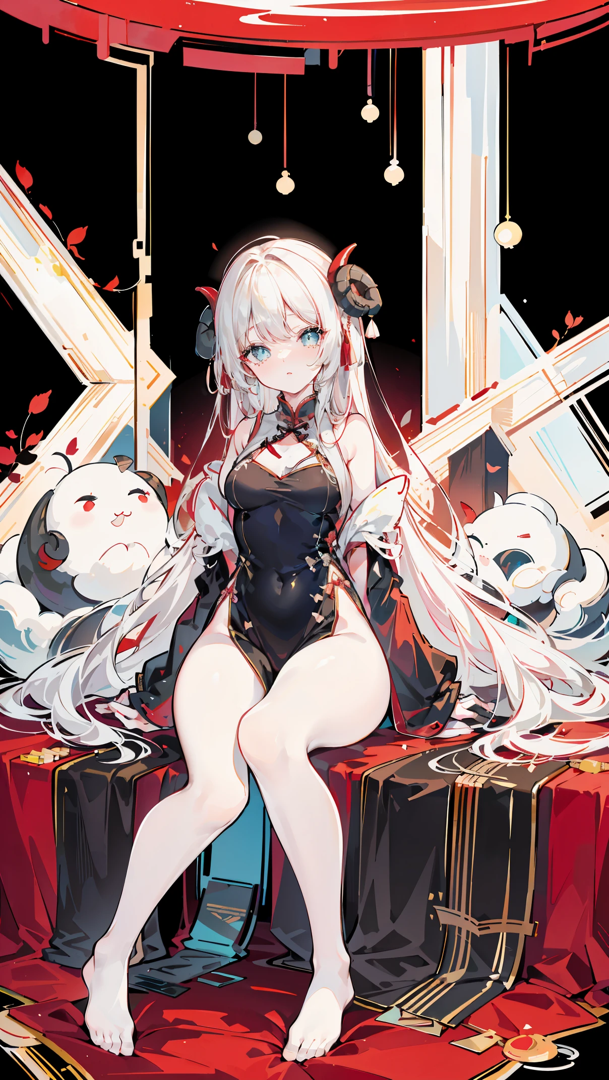 a girl，Sheep&#39;s horn, full color,  long white hair, Red眼睛 ，Eyeliner,  black transparent clothes, Red, open air, Rose, night, ruins, Butterfly，mine same as the original, mine, , (:1.2)
rest, (cheongsam), (view from below), (Put your arms behind your back), (wild lift), thin dress, Crotch cutout, best quality, high resolution, unified 8k wallpaper, (illustration:0.8), (Beautiful and delicate eyes:1.6), extremely detailed face, perfect lighting, Very detailed cg, (perfect hands, perfect anatomy),soles of feet，sitting，blond，red lips，Acting cute，Close-up of feet，up-close，Complete feet