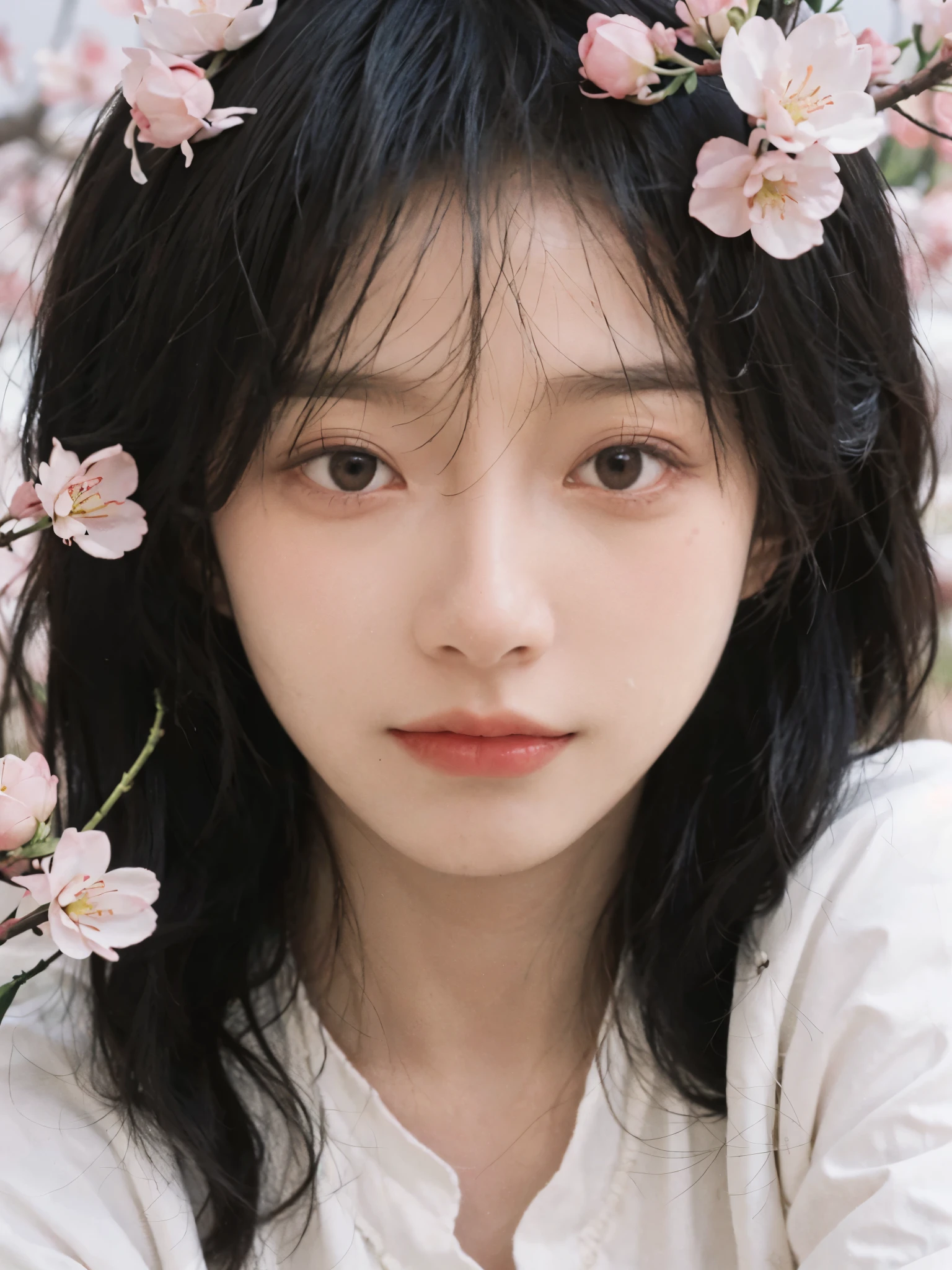 best quality, ultra high resolution, White background,(realistically:1.4), 2 girls, White short sleeves,twin? Cherry blossom rain,A pair of eyes as clear as snow,Royal sister,looking at the audience, close up ,