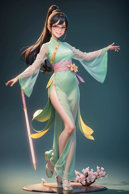 ((Wide picture, full body view)), beautiful girl, black hair in a ponytail, bangs, hair accessories, wearing glasses, bright smile, small breasts, slim waist, ((wears a see-through hanfu) details Sophisticated, multi-layered (pastel yellow))), dress fluttering in the wind, holding ((jade green staff)), dancing, alluring, the backdrop is an island with only peach trees in full bloom, flower petals. Many peach trees, morning light, anime, high quality