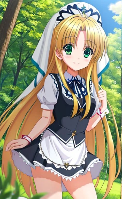 Asia　Beautiful long blonde hair　green eyes　Maid clothes　mini skirt　white panties　smile