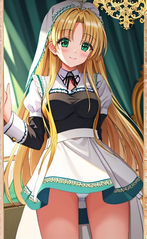 Asia　Beautiful long blonde hair　green eyes　Maid clothes　mini skirt　white panties　smile