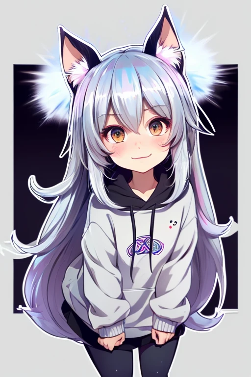 ((Live 2D)) Character design A girl with long silver hair Black eyes Full body Standing straight Front view Looking at the viewer Detailed face Silver hair Sweater Multicolored hair Cat-like tail Collar Cat-like ears Curled hair Ahoge fluffy hair energetic hoodie