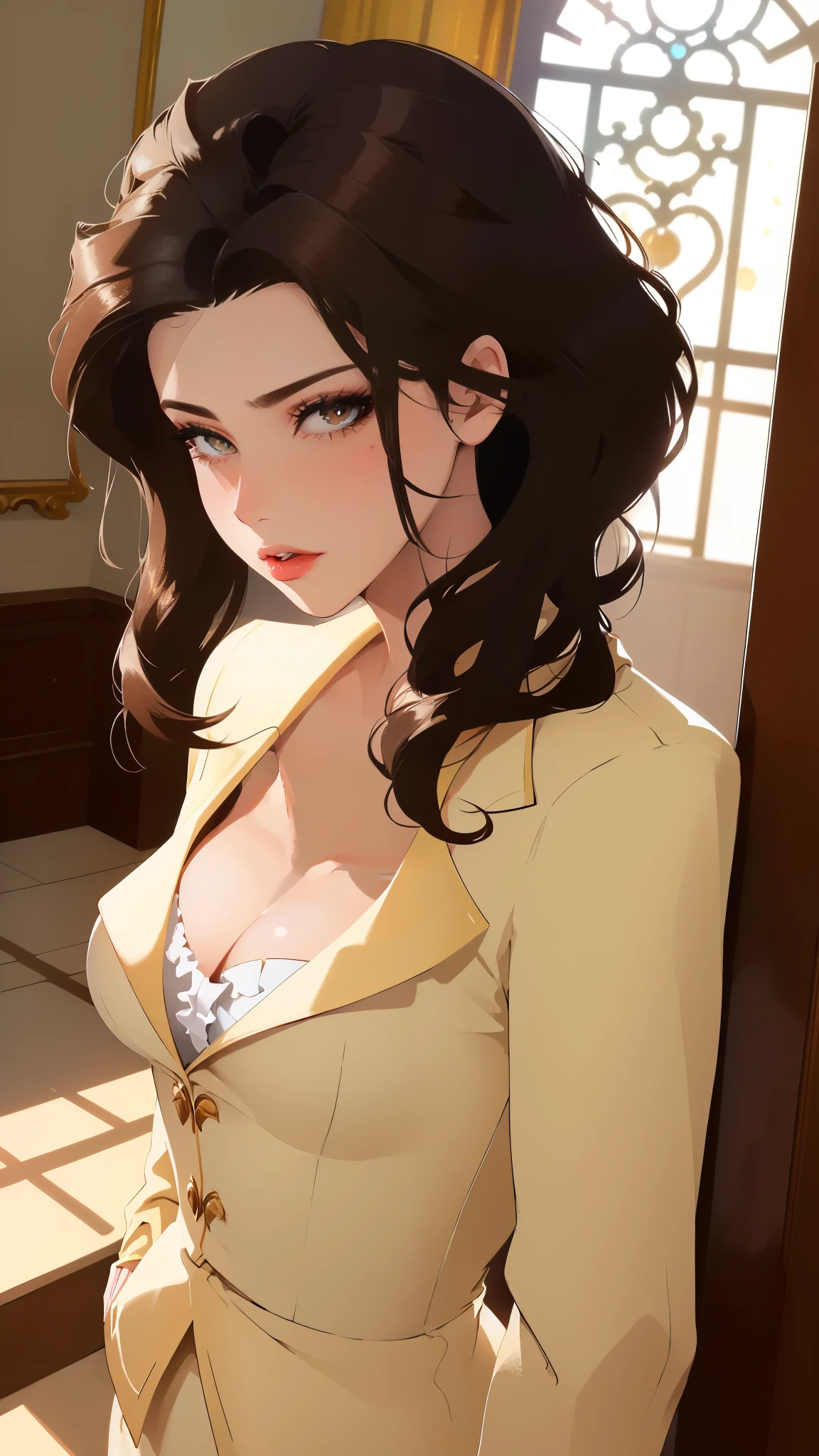 a woman, solo, upper body, (Random:1.3), quiff hair, medium brown hair, amber eyes, kissable lips, small breasts, formal outfit, elegant staircase in a historic mansion, (masterpiece, best quality, detailed:1.3), sexy, cleavage, natural perfect breast,