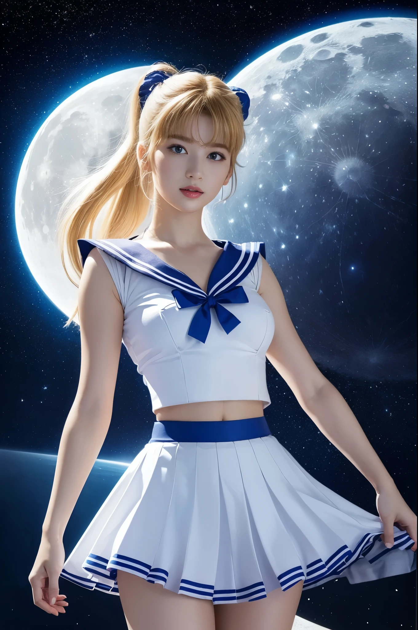 (Ultra high quality) (hand drawn) huge breasts,Sailor Moon stands on a reflective surface、Bright white moon in the distant sky. Her skirt is blue、Her top is a white and blue schoolgirl top. Her blonde hair is finished with two very long ponytails