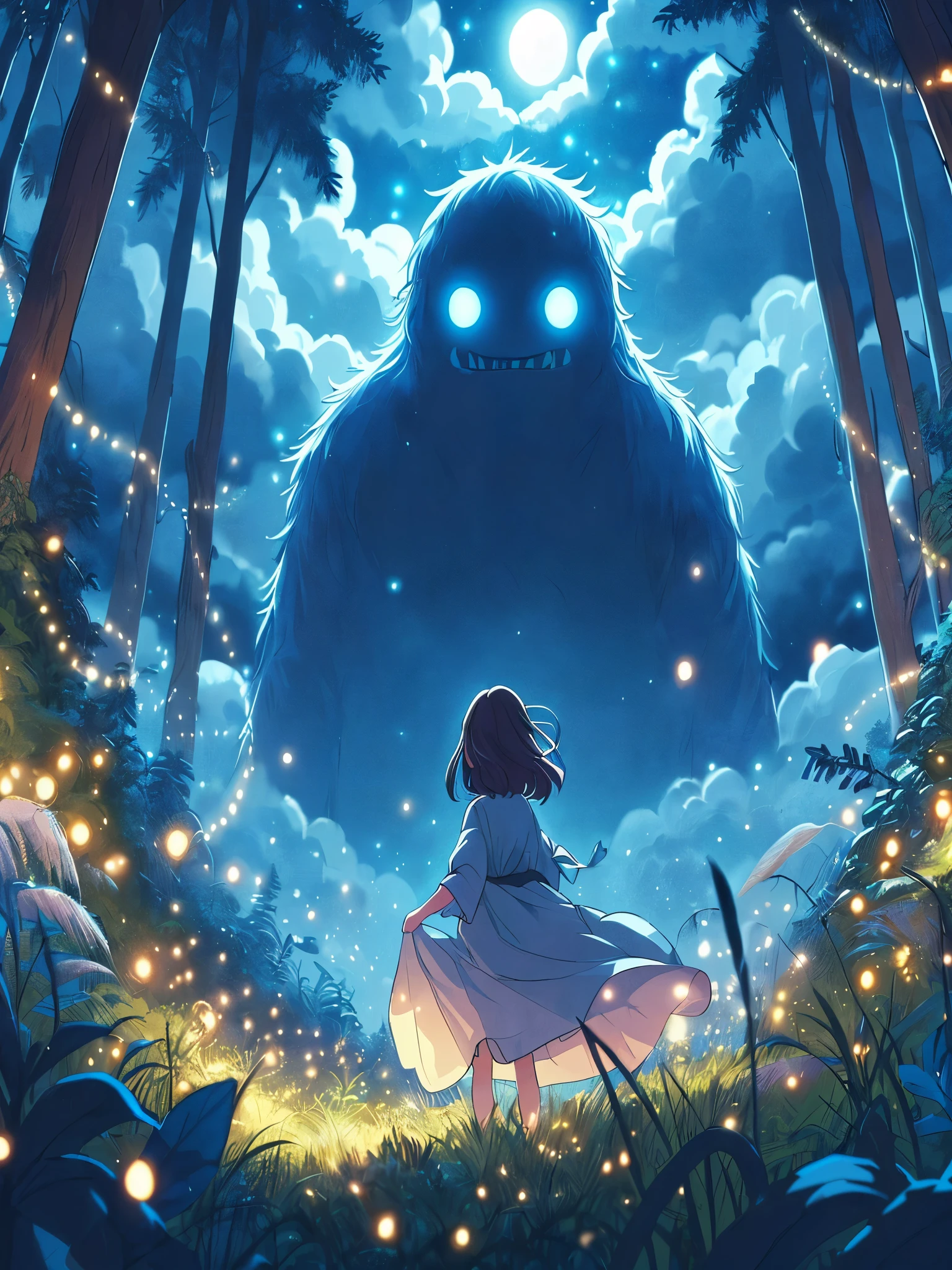 Draw an anime simple art scene of huge monster hidden in front of small girl, windy, in the forest, fairylights, night, magical, blue cloudy sky, no human, vibrant color tones,