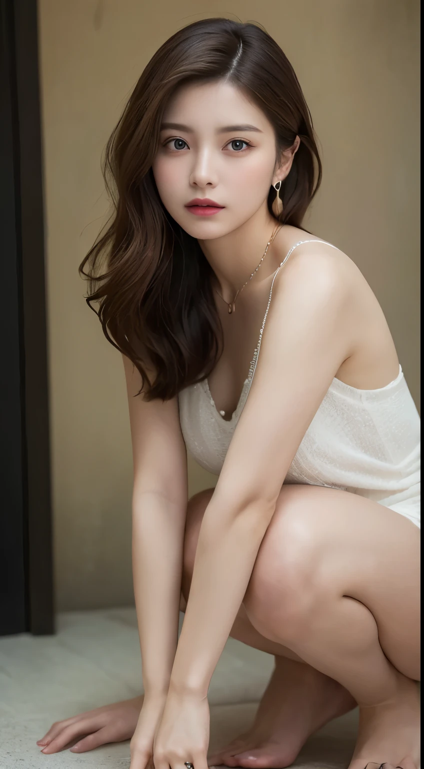 highest quality、masterpiece、Super high resolution、(Photoreal:1.4)、delicate skin、beautiful body、beautiful features、looking at the viewer、Prominent chest XXL、bright eyes、kneel down、feet、Hair styling、Ear Nipple Ring、necklace、bracelet、