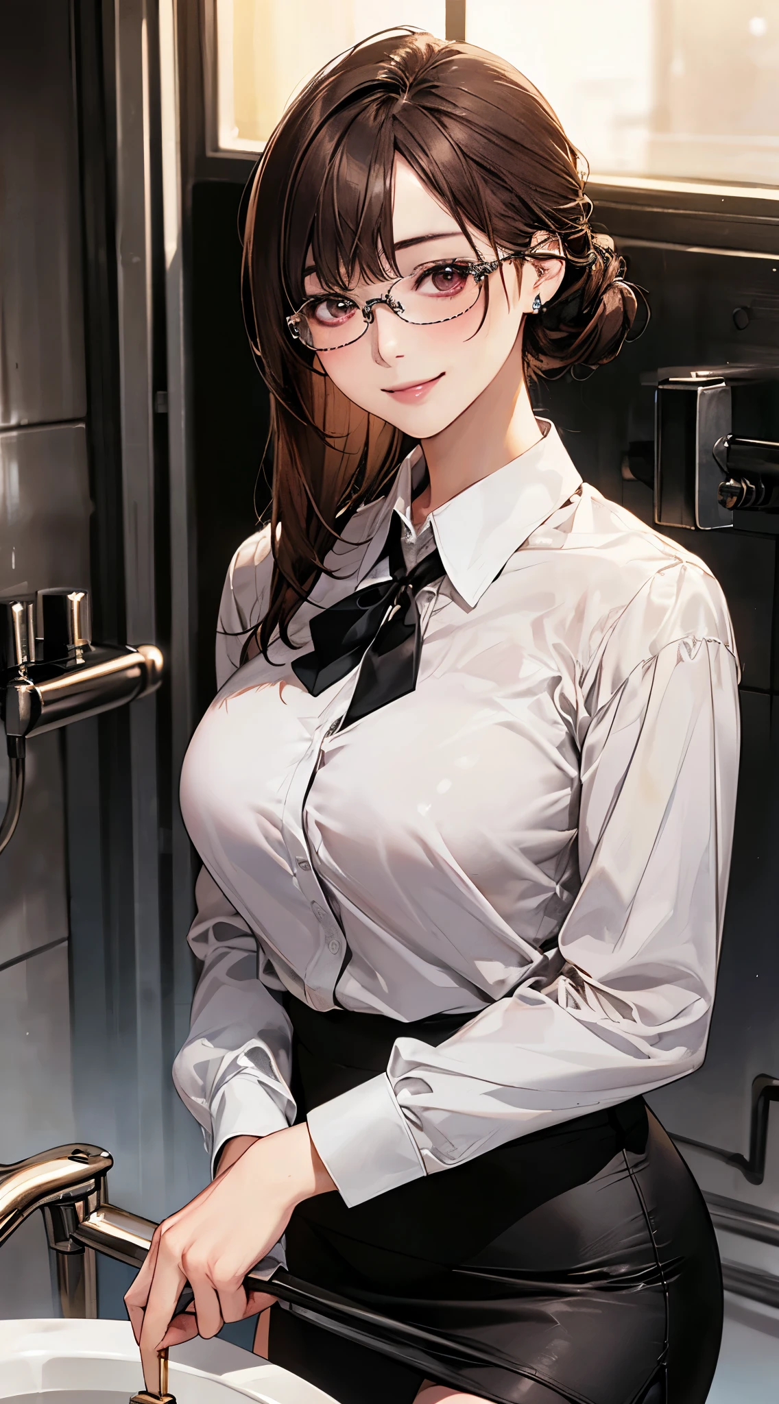 (masterpiece:1.2, top-quality), (realistic, photorealistic:1.4), beautiful illustration, (natural side lighting, movie lighting),
looking at viewer, cowboy shot, front view:0.6, 1 girl, japanese, high school girl, perfect face, cute and symmetrical face, shiny skin,
(middle hair:1.8, half updo:1.4, brown hair), asymmetrical bangs, gold eyes, (large breasts:1.1, thick thighs),
beautiful hair, beautiful face, beautiful detailed eyes, beautiful clavicle, beautiful body, beautiful chest, beautiful thigh, beautiful legs,
((long sleeves, white collared shirt, black pencil skirt), id card, strap, black high heels), black-rimmed glasses, pink panties,
(beautiful scenery), evening, inseide hot water supply room, drinking coffee, (lovely smile, upper eyes),