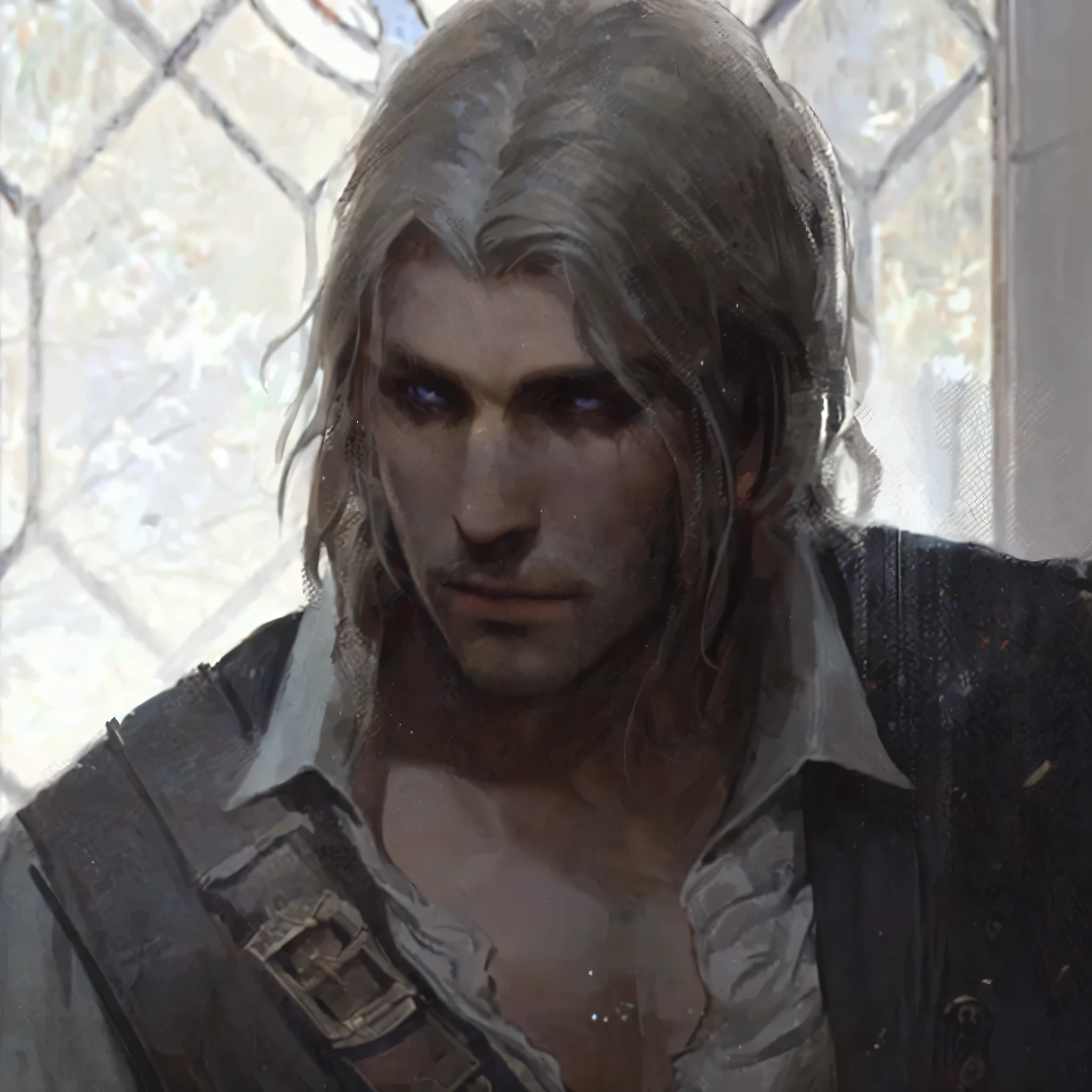 Have long hair、Man in a vest, portrait of Geralt of rivia, the that wizard concept art, Geralt of rivia, Geralt, portrait of fin wildcloak, that wizard)), that wizard, fantasy male portrait, from that wizard (2021), ciri, Guvitz-style artwork, the that wizard