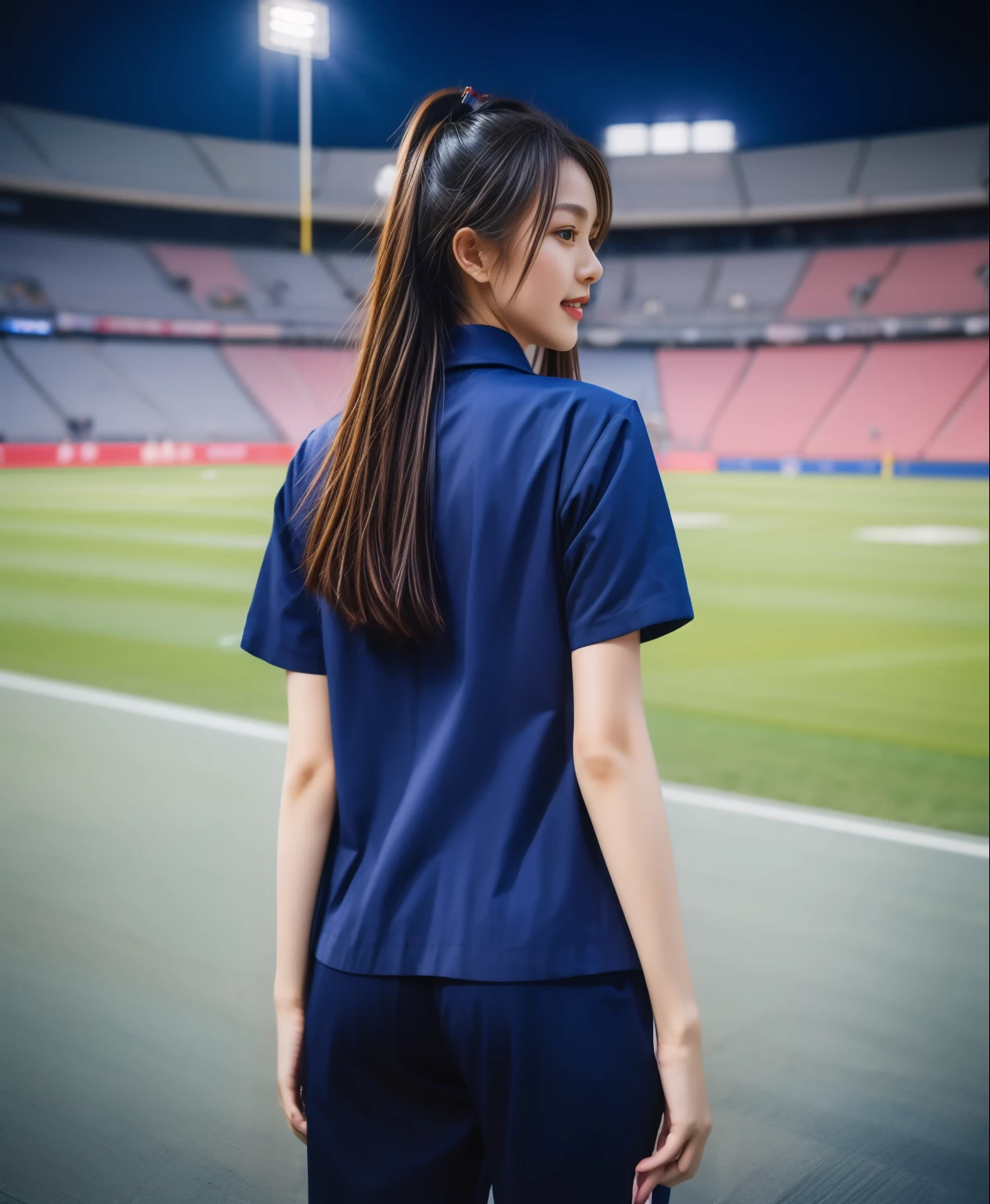 (best quality,10,10,height,Masterpiece:1.2),Very detailed,(realistic,ภาพrealistic,Realistic photos:1.37),1 cute girl on the football field,Shiny, shiny skin,only,smile softly,BDclothelue shirt:1.3)),short sleeve,shirt, กางเกงขาlong.,(navy_long_track pants:1.1), ((stadium background:1.3)),Dynamic angle,excited,Face focus,dynamic poses,from behind,Focus on the ass.,Masterpiece, best quality, ultra realistic, hyper detail, 8k resolution, raw photos, Sharp focus, ((Navy blue shirt:1.1)), short sleeve, เส้นทางlong, perfect body, 2 mature women, 18 years old, Cinema-grade lighting,Blue sweatpants,gym wear,correct anatomy,perfect body, correct body, Sharp face, correct bodyทางกายวิภาค, full body, realistic gestures, long-haired, realistic poses,Wear long shorts.........................................,ช่วงขาlong,fit,sculpted girl, Slender figure, mannequin, fit, beautiful body,Blue sweatpants, two girls kissing
