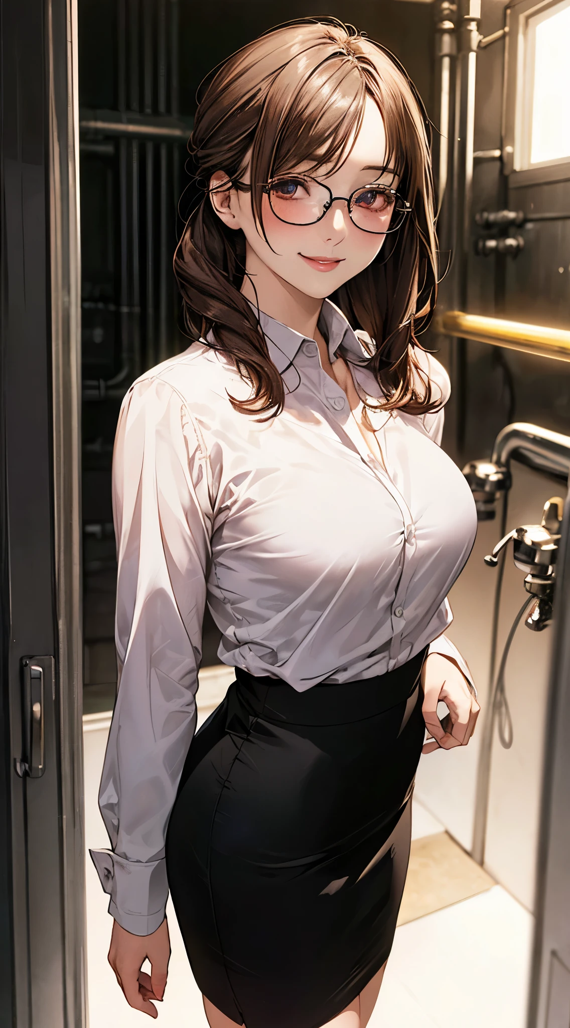 (masterpiece:1.2, top-quality), (realistic, photorealistic:1.4), beautiful illustration, (natural side lighting, movie lighting),
looking at viewer, cowboy shot, front view:0.6, 1 girl, japanese, high school girl, perfect face, cute and symmetrical face, shiny skin,
(middle hair:1.8, half updo:1.4, brown hair), asymmetrical bangs, gold eyes, (large breasts:1.1, thick thighs),
beautiful hair, beautiful face, beautiful detailed eyes, beautiful clavicle, beautiful body, beautiful chest, beautiful thigh, beautiful legs,
((long sleeves, white collared shirt, black pencil skirt), id card, strap, black high heels), black-rimmed glasses, pink panties,
(beautiful scenery), evening, inseide hot water supply room, drinking coffee, (lovely smile, upper eyes),