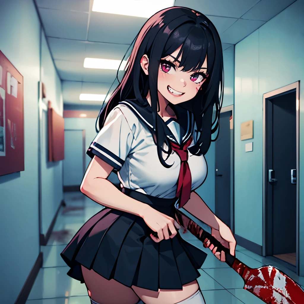 nighttime, in school hallway covered in blood, 1girl, psychopath, big breasts, big butt, purple psychopath eyes, in bloody school girl outfit, holding bloody axe, long black hair with blue highlights, creepy grin, blood trailing down nose
