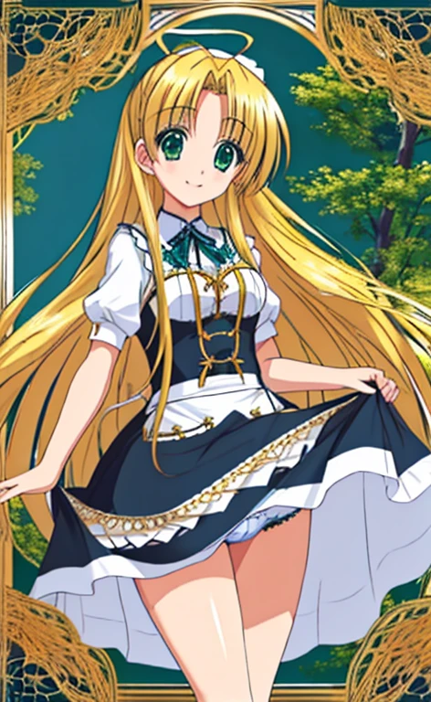 Asia　Beautiful long blonde hair　green eyes　Maid clothes　mini skirt　white panties　smile