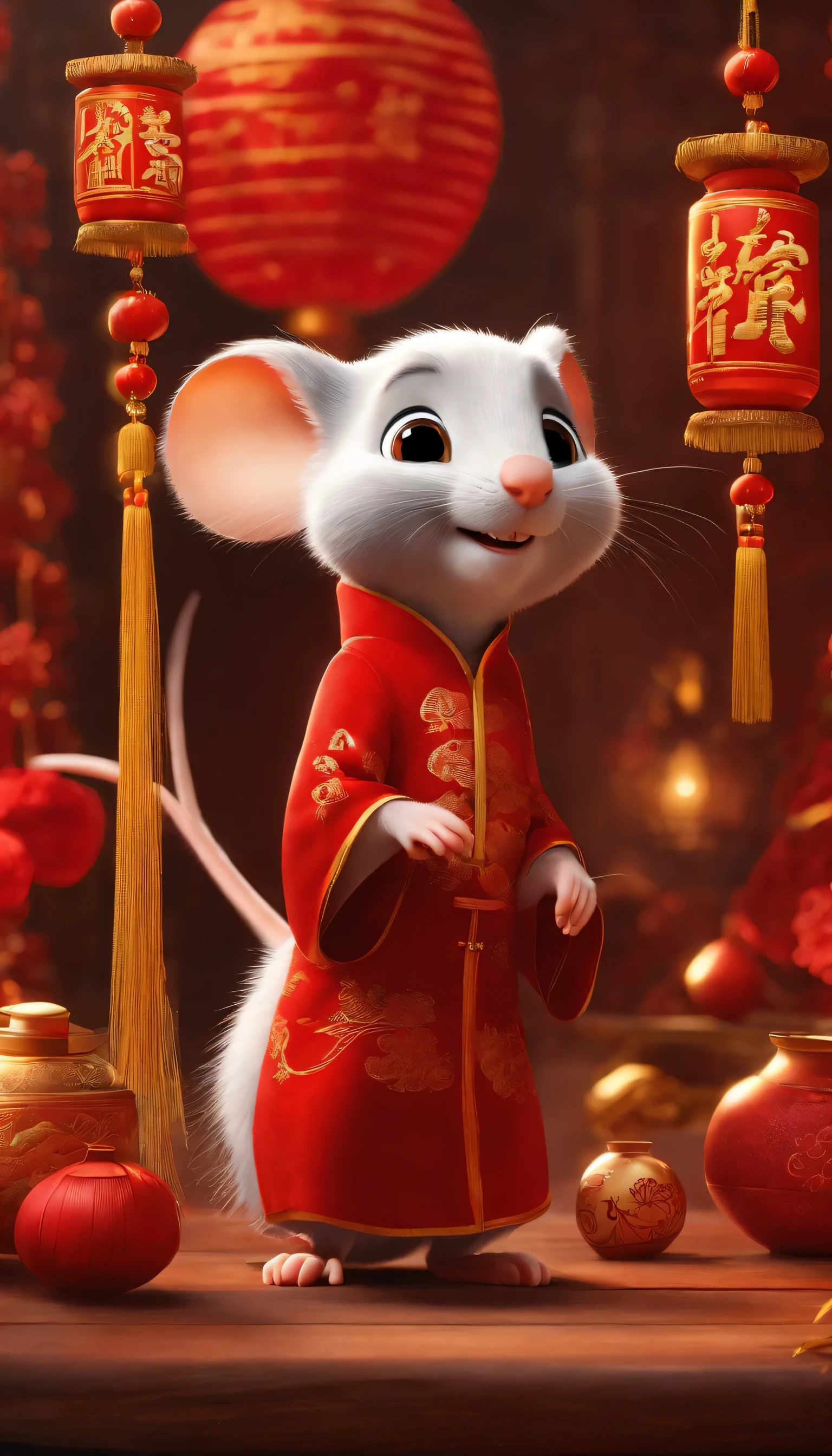 CNY，Rat，Red，Pixar, Lovely, Cartoonish，Business posters，There are decorations around，happiness, Speechless