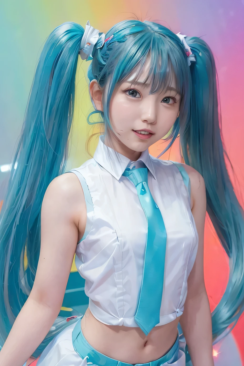 {The theme is Hatsune Miku}、(White Sleeveless Long Shirt:1.3)、turquoise tie、 (Red hairpin、twin tails、crazy turquoise long hair:1.3)、, shiny hair, expressive hair, crystal hair, gradient eyes, Artistic, conceptual art, glitter effect , shine, UHD, retina, masterpiece, Accurate, anatomically correct, Super detailed, high detail, fine skin,((flat body、slim、cute:1.3))、holographic background