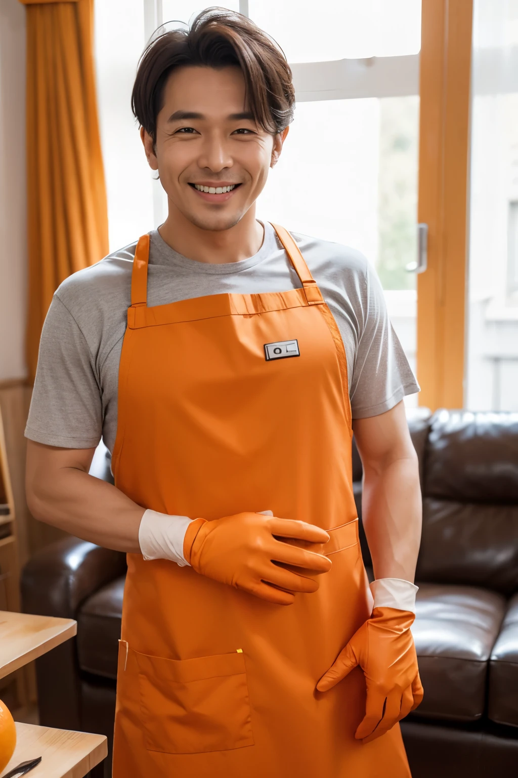 Male cleaner wearing orange apron,Smiling in the living room with bucket in hand. Highly realistic. rubber glove、long gloves