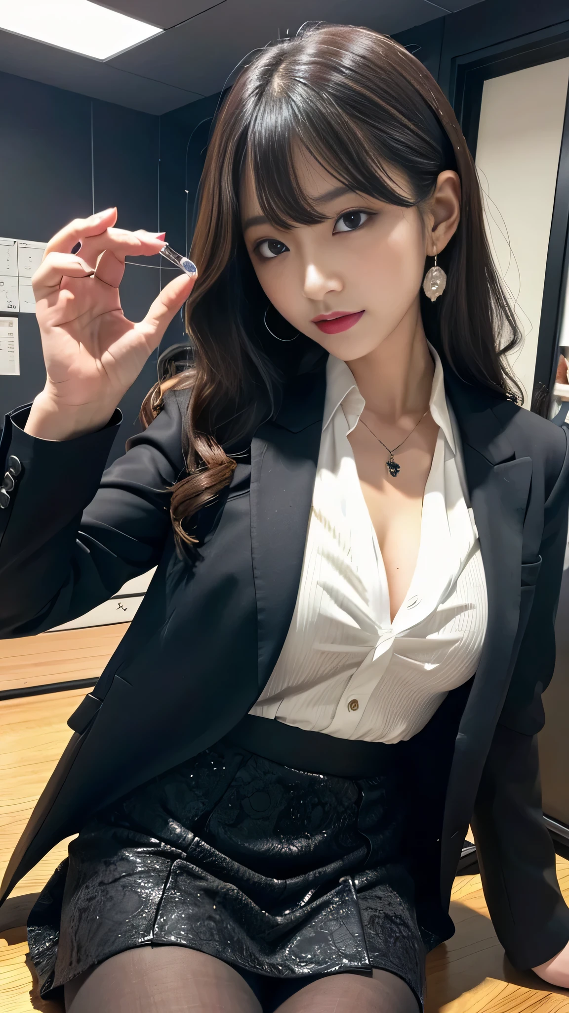 (Best quality, 8k, 32k, Masterpiece, UHD:1.2),Photo of Pretty Japanese woman,(detailed face:1.1), simple black suit, <lora:rikusu:1>,looking at viewer,upper body,necklace,medium breasts,dress shirt,smile,skirt