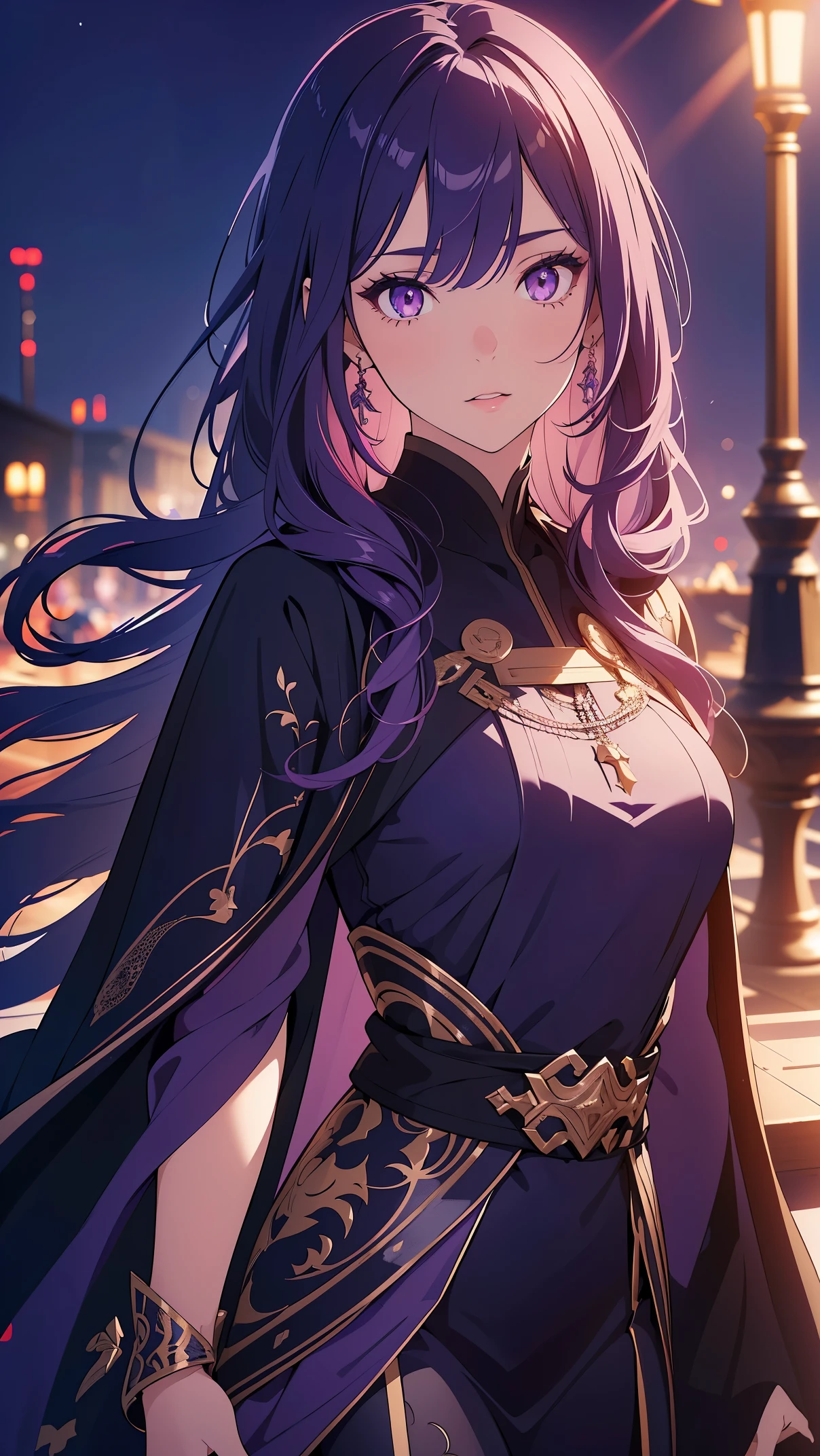 Girl1, purple hair, purple eyes, (abaya dress),(Highly detailed CG,module,8K wallpapers)،(Highest quality, high resolution, beautiful lighting, realistic shadow, high resolution)،(Detailed skin, highly detailed, detailed faces and eyes, realistic eyes)