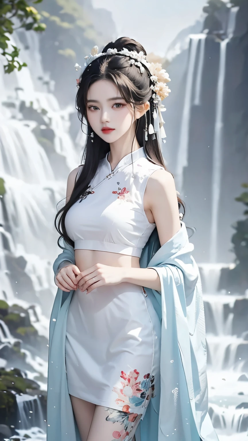 one wearing a skirt、Full body shot of woman with flowers in hair, Portraits inspired by Du Qiong, CG trends, Reality, Gorgeous Chinese model, traditional beauty, Chinese girl, cgstation trends, Popular topics on cgstation, Chinese style, palace ， A girl wearing Hanfu, Cute and delicate face, beautiful girl, A beautiful young woman