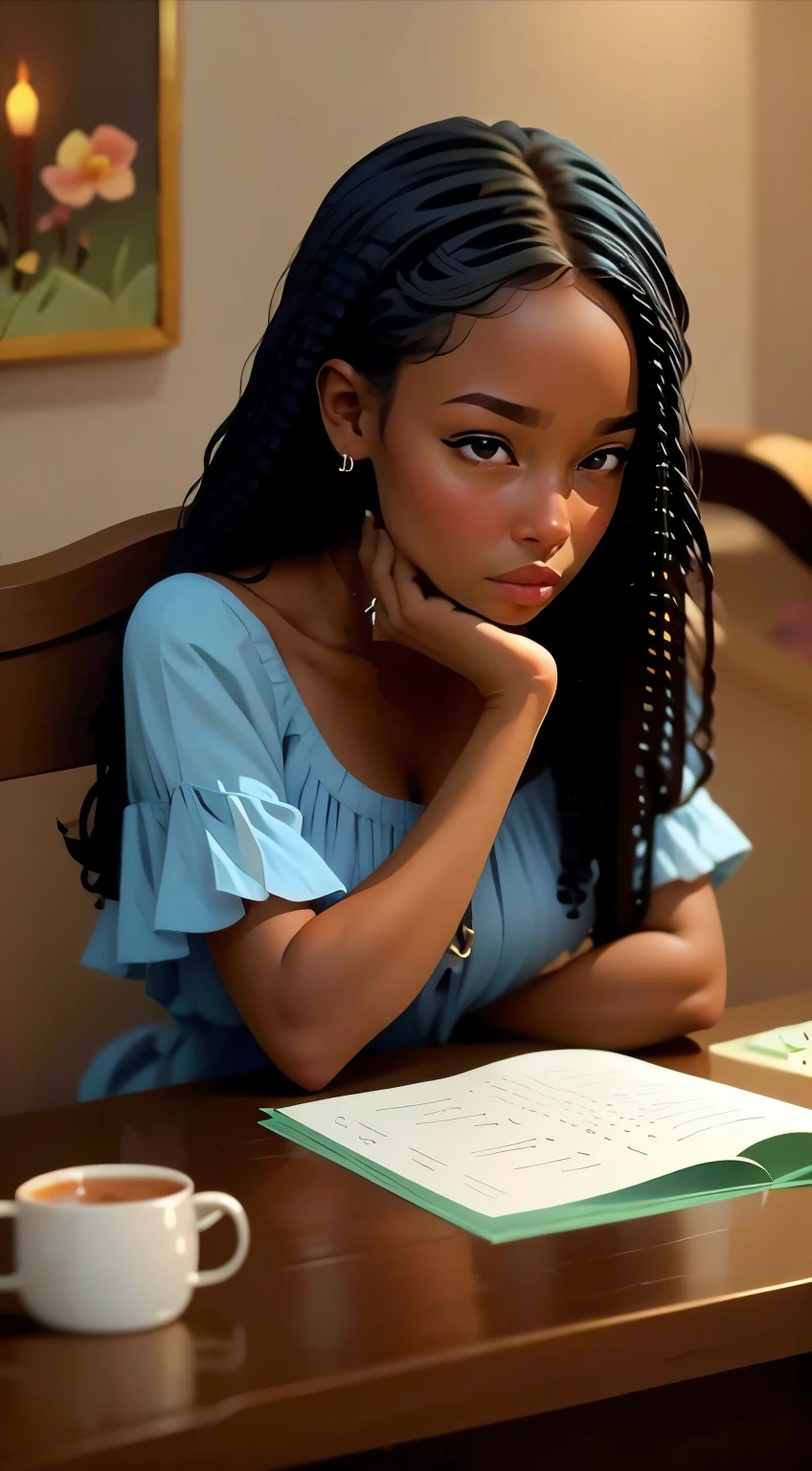 masterpiece, best quality, an extremely delicate and beautiful girl with dark skin, world masterpiece theater, ultra-detailed, highly detailed, highres, extremely detailed,1girl,illustration, looking at viewer, impasto, canvas, oil painting, realistic, realist ,real,storybook style art, cozy atmosphere 