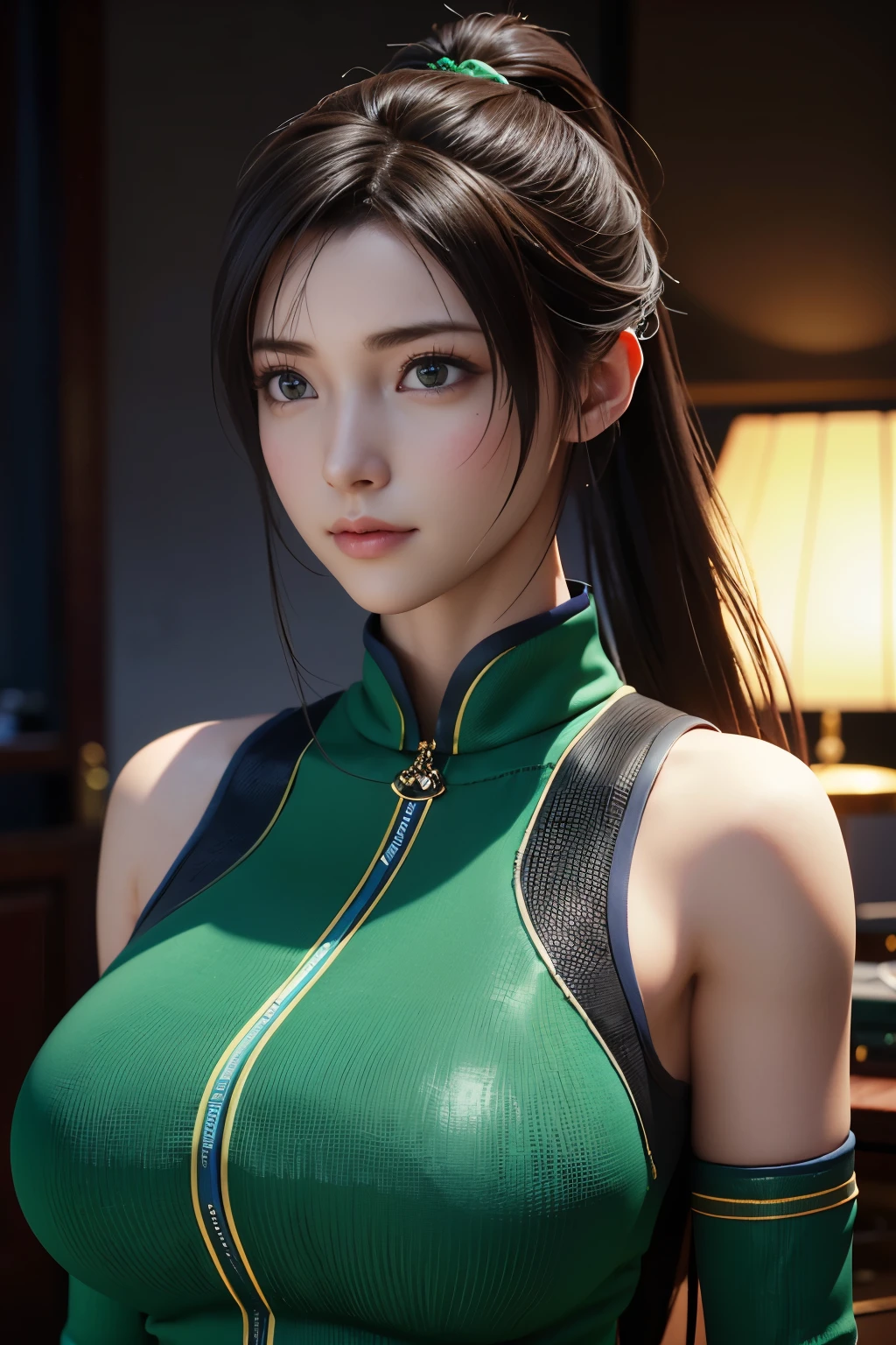 Game art，The best picture quality，Highest resolution，8K，((A bust photograph))，((Portrait))，(Rule of thirds)，Unreal Engine 5 rendering works， (The Girl of the Future)，(Female Warrior)，22岁少女，(A long red-green gradient ponytail hairstyle)，(A beautiful eye full of detail)，(Big breasts)，优雅迷人，微笑，(皱眉)，(Clothes full of futuristic sci-fi style，Sweater，A delicate pattern，Glittering jewels)，赛博朋克人物，未来风格， 拍照姿势，街道背景，Movie lights，Ray tracing，Game CG，((3D Unreal Engine))，oc渲染反射纹