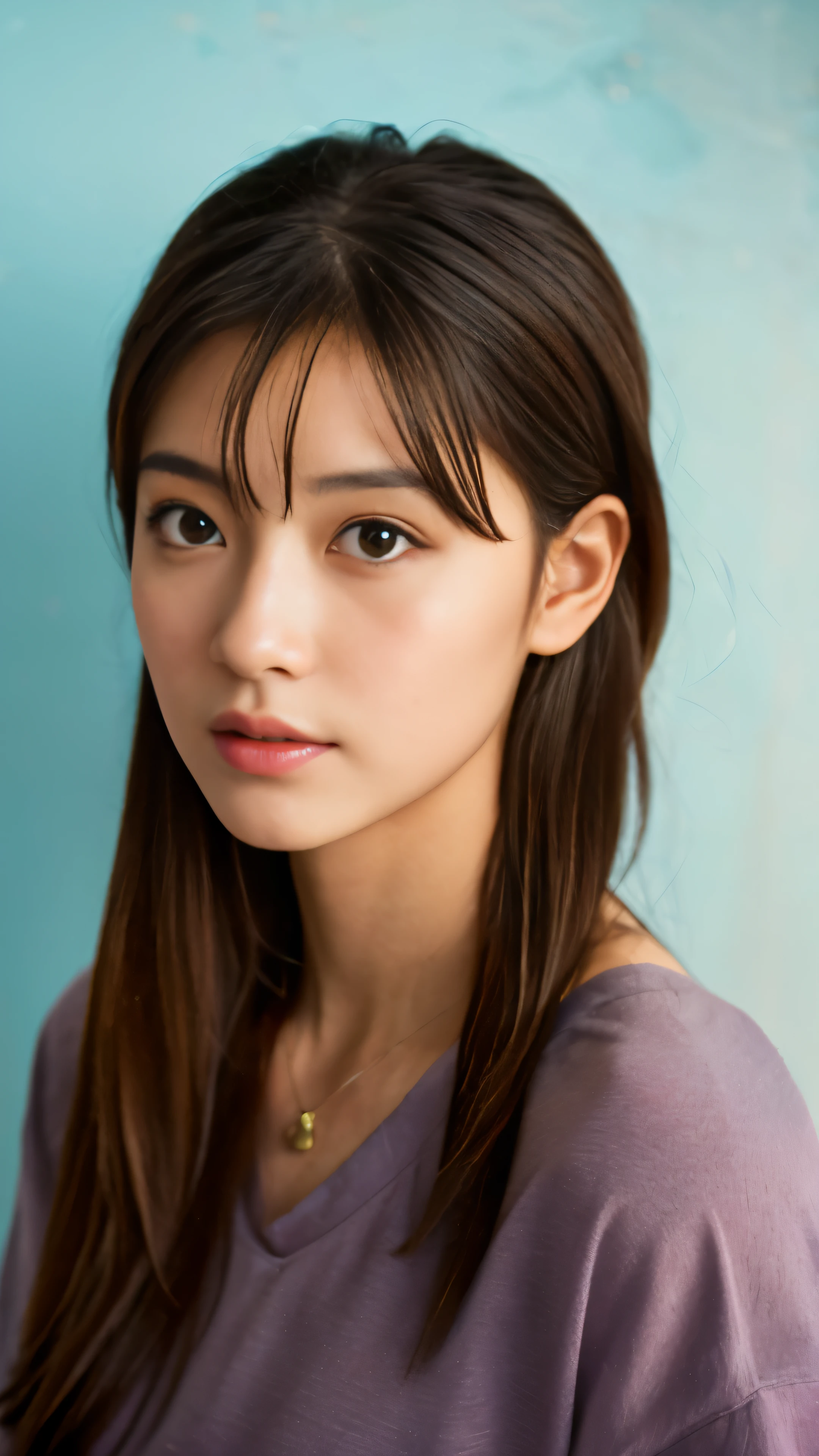 8K, highest quality, masterpiece, ultra high resolution, (realism: 1.4), Original photo, (realistic skin texture: 1.3), (film grain: 1.3), (selfie angle), 1 girl, beautiful eyes and face details, masterpiece, highest quality, close, Upper body, looking at the viewer,blue shirt and red miniskirt,Full body high-definition painting,