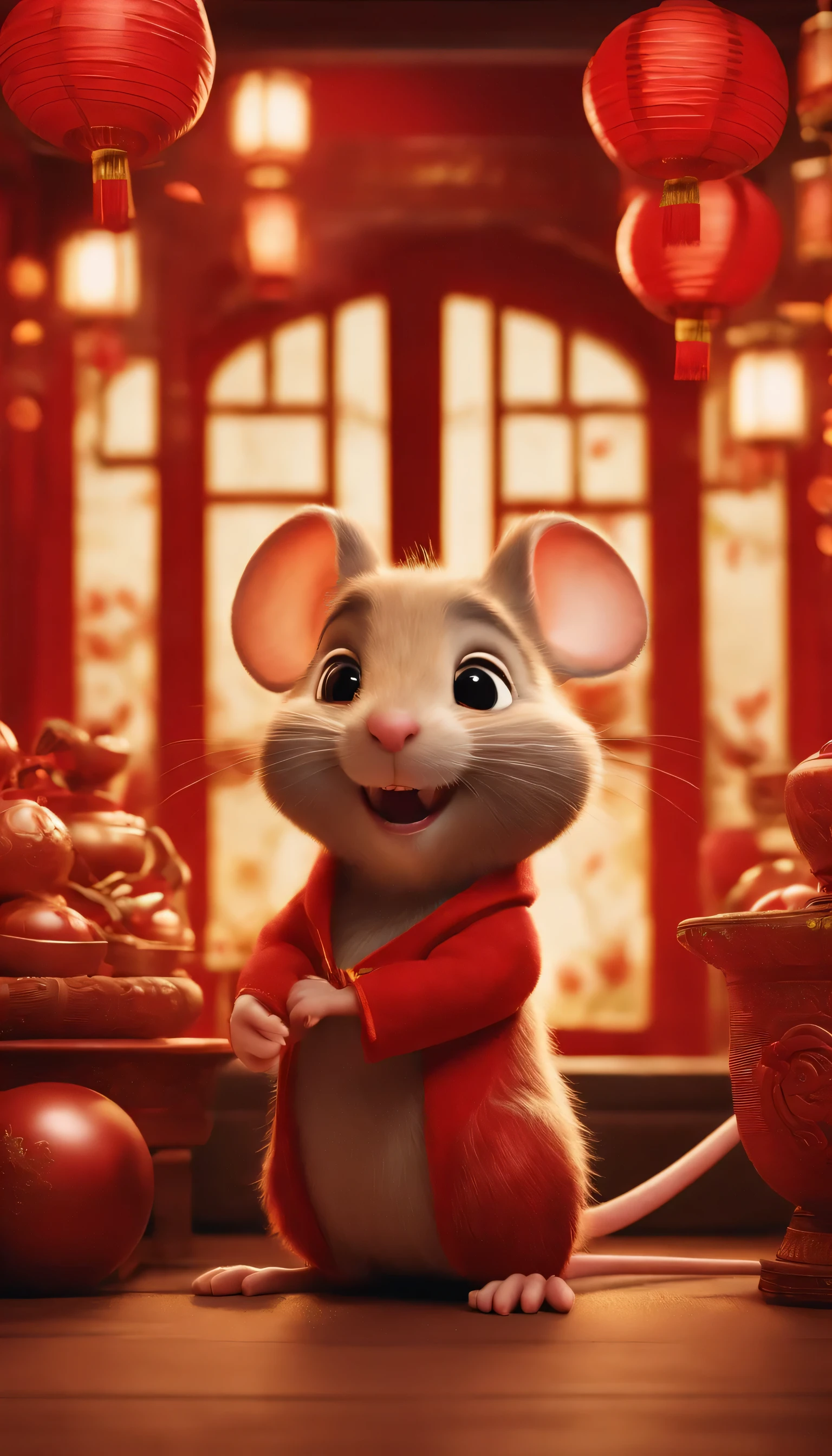 CNY，Rat，Red，Pixar, Lovely, Cartoonish，Business posters，There are decorations around，happiness, Speechless