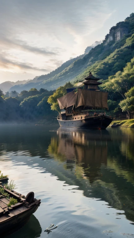 Best quality, Ultra-fine details, high resolution, Masterpiece:1.2, Immerse yourself in the beautiful landscape, Impeccable brushstrokes, Impressive ink, Adopt a wide-angle viewing angle, Breath-taking mountain views, Deep and majestic atmosphere, Beautifully depicted ships sailing through the mountains, Describe the vessel and its surroundings in detail, Traditional balinese art, Expressing the tranquility and harmony of nature, Subtle tonal changes, Soft color palette, Gentle and warm atmosphere, Exhibited in a famous exhibition - balinese ink landscape painting,The composition stunning,emotive depth,Capture the tranquility of the mountains. Texture strokes and tonal changes are very detailed, Reveal the complexity of the ship and the beauty of the surrounding landscape. Traditional balinese art styles create a peaceful and harmonious atmosphere,Immerse viewers in natural wonders. This masterpiece of the highest quality, Features ultra-fine detail and high-resolution images, Make it an impressive and breathtaking work of art,Perfect to capture the essence of balinese ink landscape painting.