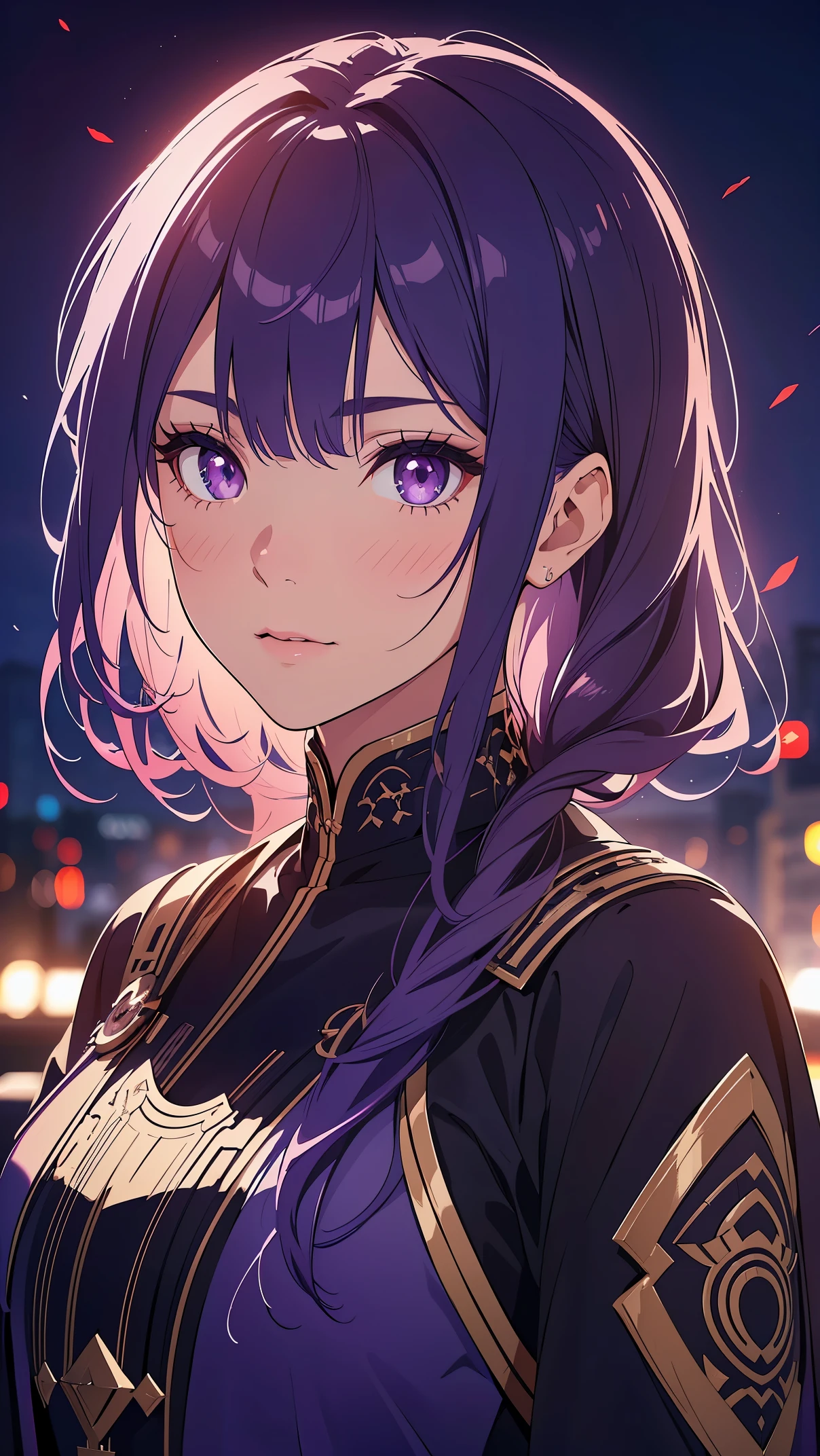 Girl1, purple hair, purple eyes, (abaya dress),(Highly detailed CG,module,8K wallpapers)،(Highest quality, high resolution, beautiful lighting, realistic shadow, high resolution)،(Detailed skin, highly detailed, detailed faces and eyes, realistic eyes)