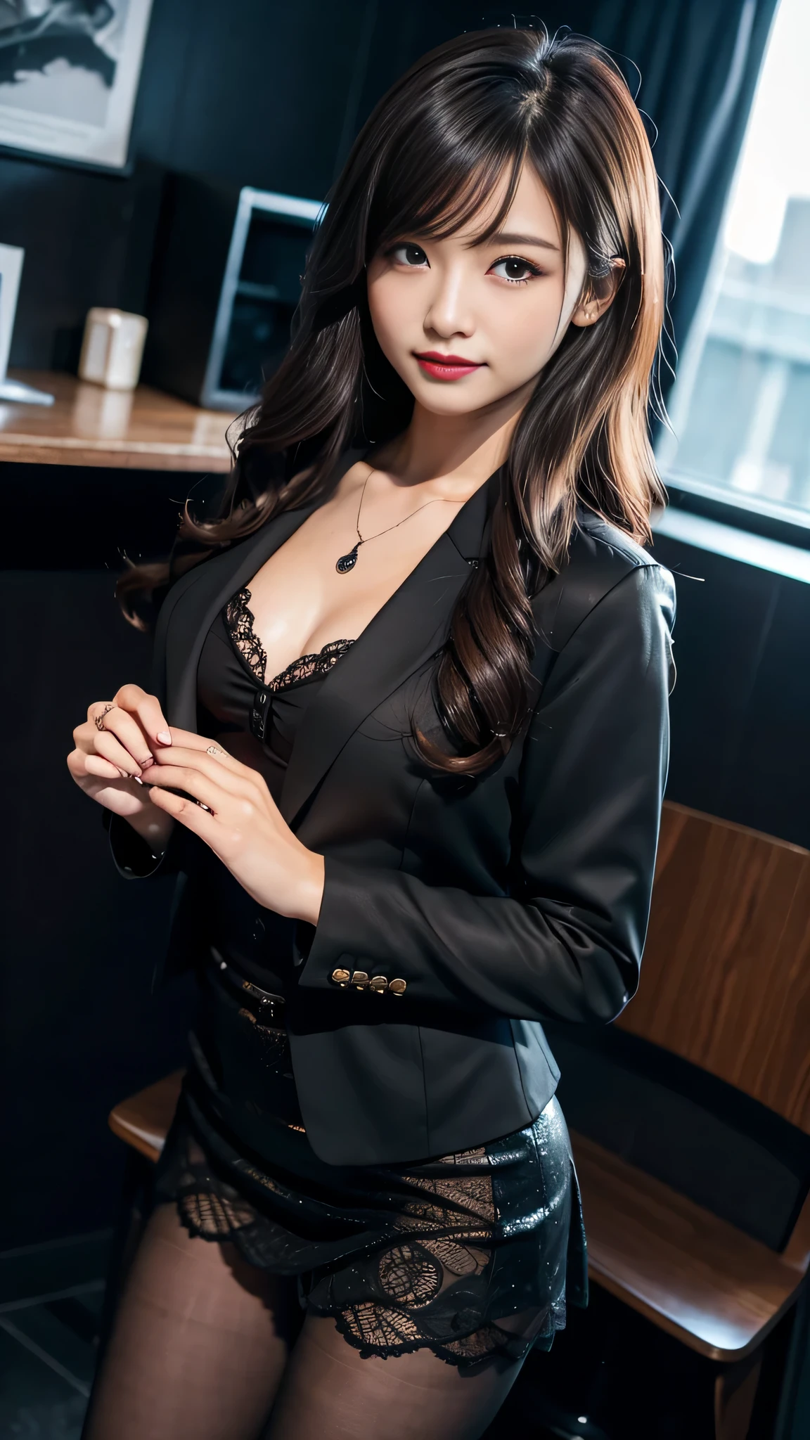 Super detailed、Japanese、charming beauty、Dainty woman、sharp eyes、cool girl、wavy hair、suit、Jacket、blouse、Tight Skirt、black pantyhose、evil female executive、evil depravity、brainwashing、Mind control、lacy fabric、Shiny legs、lipstick、lip gloss、grin、邪evilなな表情、evil、empty eyes、邪evilな、reach out your hand、in the darkroom、lure、meanwhile