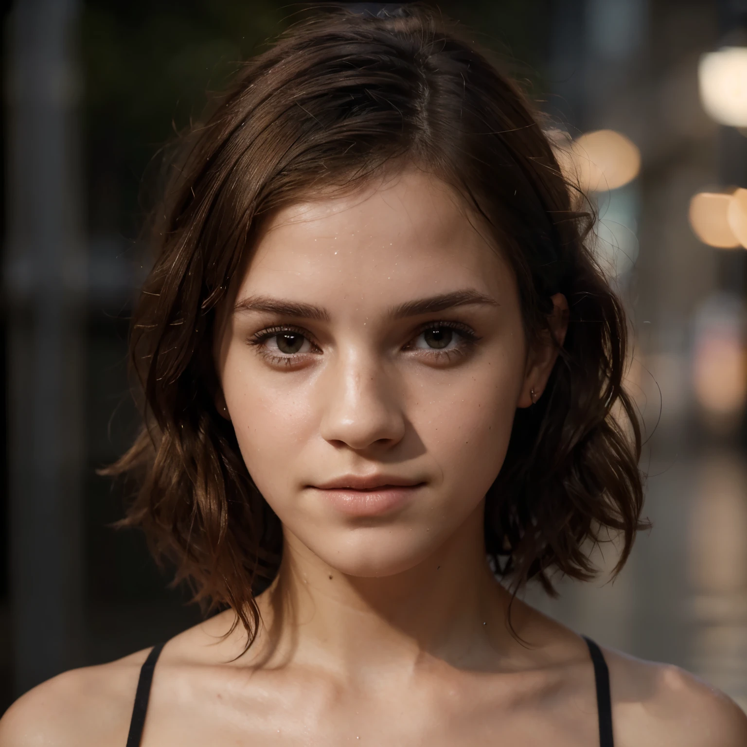 random pose, mix4, (8k, RAW photo, best quality, masterpiece: 1.2), (realistic, photo-realistic: 1.37), Emma Watson, beautiful, cityscape, night, rain, wet, professional lighting, photon mapping, radiosity, physics-based rendering, gradient brown hair, short curly hair, beautiful, feminine, white ball set, excellent image quality, high resolution, 1080p, (clear face), (detailed description of the face),  (detailed description of hand), (masterpiece), (exquisite CG), extreme light and shadow, messy hair, masterpiece, rich details, (exquisite facial features), (high image quality), (masterpiece), (detailed eyes), look forward to your eyes, delicate collarbone