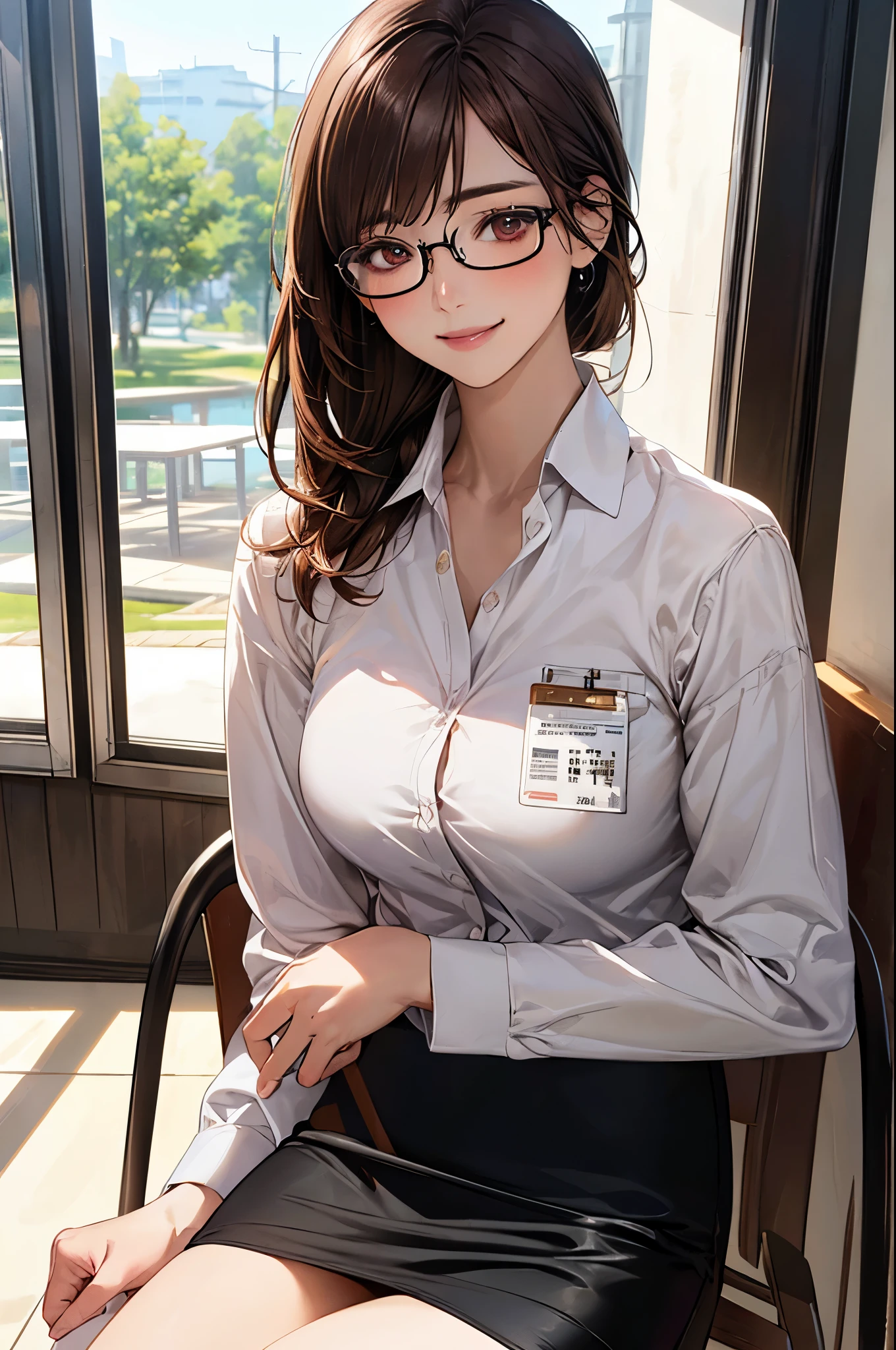 (masterpiece:1.2, top-quality), (realistic, photorealistic:1.4), beautiful illustration, (natural side lighting, movie lighting), 
looking at viewer, cowboy shot, front view:0.6, 1 girl, japanese, high school girl, perfect face, cute and symmetrical face, shiny skin, 
(middle hair:1.8, half updo:1.4, brown hair), asymmetrical bangs, gold eyes, (large breasts:1.1, thick thighs), 
beautiful hair, beautiful face, beautiful detailed eyes, beautiful clavicle, beautiful body, beautiful chest, beautiful thigh, beautiful legs, 
((long sleeves, white collared shirt, black pencil skirt), id card, strap, black high heels), black-rimmed glasses, pink panties, 
(beautiful scenery), evening, inseide office, holding a piece of cardboard, (lovely smile, upper eyes), 