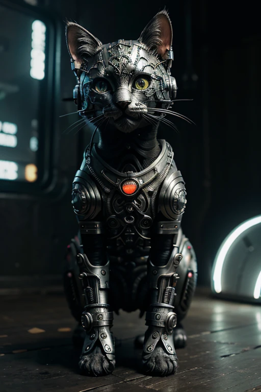 A cute kitten made of metal, robot, cyberpunk style, ((intricate details)), hdr, ((intricate details, super detailed)), cinematic footage, vignette