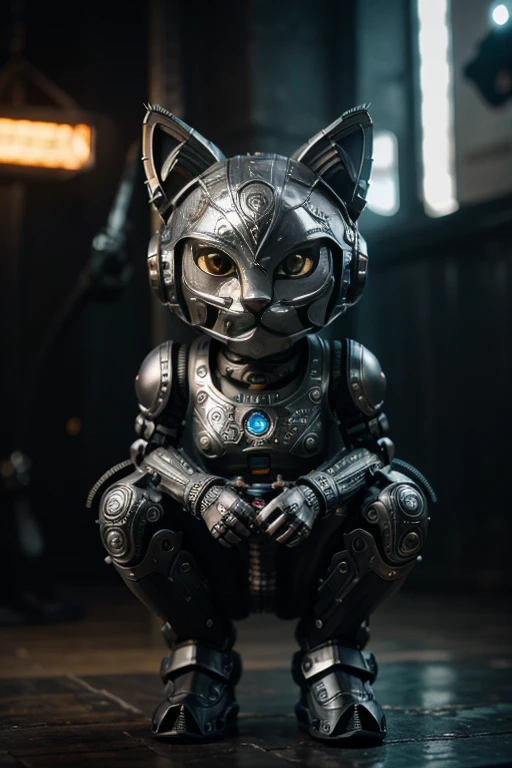 A cute kitten made of metal, robot, cyberpunk style, ((intricate details)), hdr, ((intricate details, super detailed)), cinematic footage, vignette