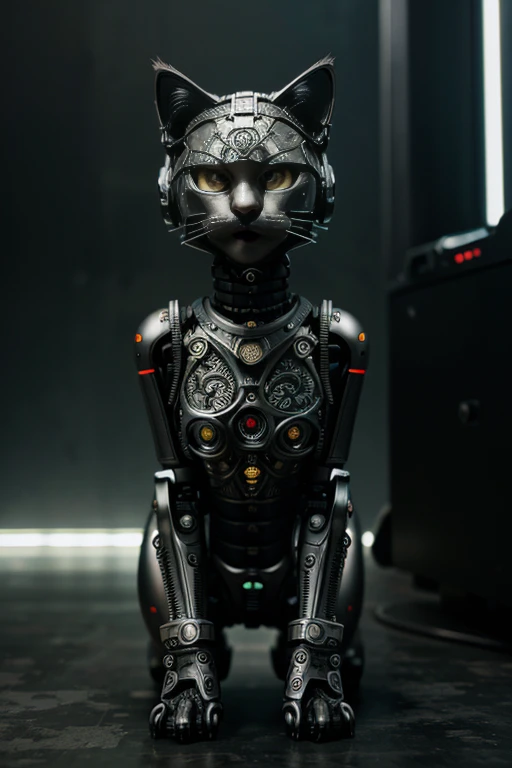 A cute kitten made of metal, robot, cyberpunk style, ((intricate details)), hdr, ((intricate details, super detailed)), cinematic footage, vignette  