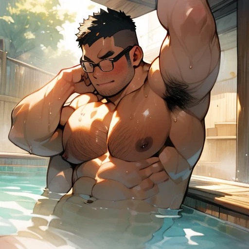 completely nude, Kids Dick,masterpiece,highest quality, In 8K, A fat man immersing himself in a large hot spring, naked, spread your legs, stretch and relax, Otaku-like, short legs, bowl leg, (obesity: 1.0), Blushing and relaxed fat man, looks sleepy, nakedのお腹, naked足, 上半身naked, Glasses, thin hair, big face man, round face, wet body, vapor, alone