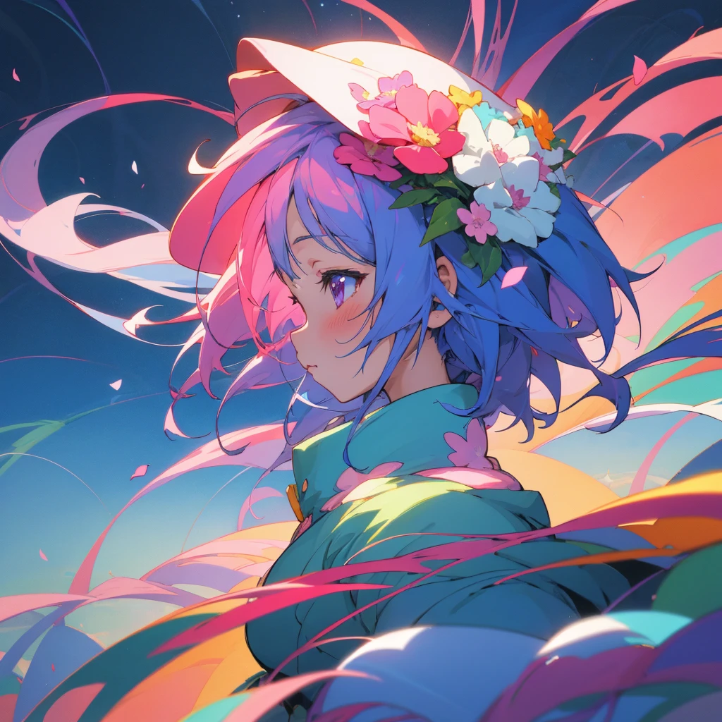 anime girl with a hat and flowers in her hair, beautiful anime artwork, anime art wallpaper 4k, anime art wallpaper 4 k, anime art wallpaper 8 k, beautiful anime art, anime style 4 k, anime abstract art, a beautiful artwork illustration, profile of anime girl, dreamy psychedelic anime, anime graphic illustration, digital art on pixiv, digital anime art