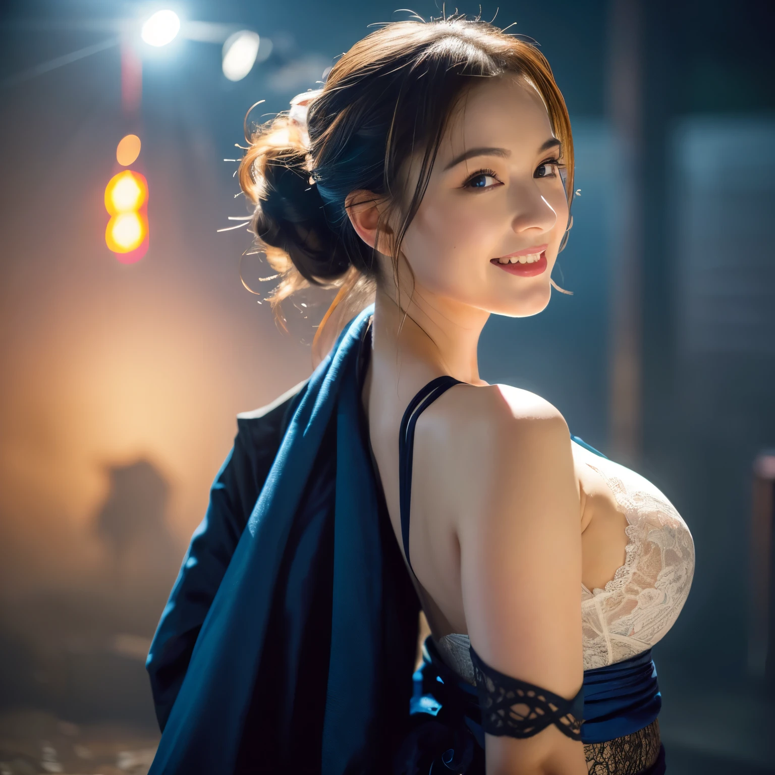 Beautiful woman smiling frivolously,Very busty Ronin in a lace kimono, Meiji Restoration, blue eyes, Yojinbo, cleavage, bare chest, HD, UHD, WLOP, complicated hairstyle, view from back, big anime eyes, realistic eyes, very detailed目, natural skin, natural skin texture, Scattered beneath the surface, calm colors, skin pores, perfect face, perfect eyes, perfect lips, supple female form, Brilliant, cinematic, film light, very detailed, surreal, masterpiece, in the atmosphere, High resolution, vibrant, high contrast, Dark Angle, 8K, HDR, 500 pixels, Art by Red Juice